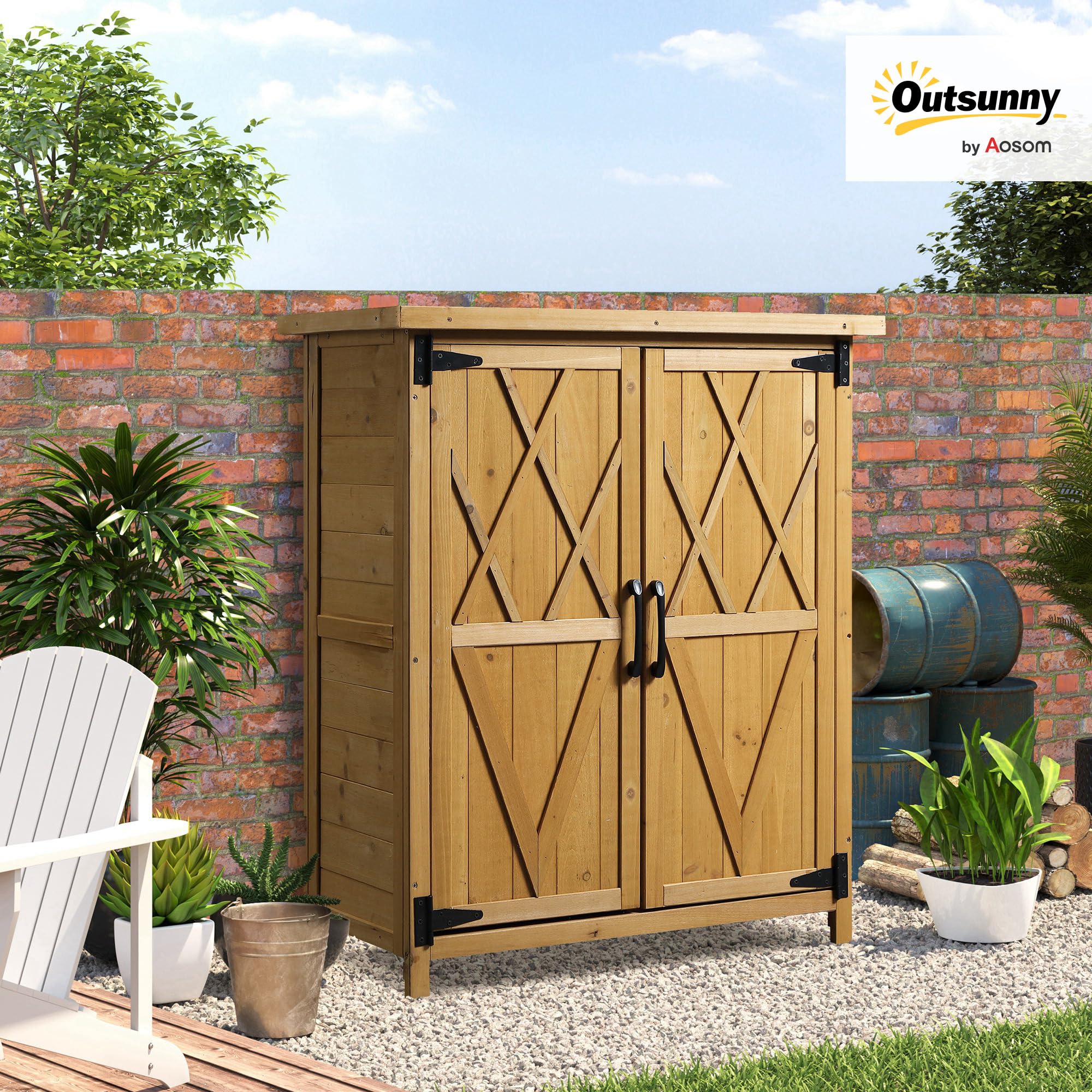 Outsunny Abri de Jardin Armoire de Jardin 75L x 40l x 90H cm 3 étagères 2 Portes Toit en Asphalte imperméable Bois de Sapin Jaune