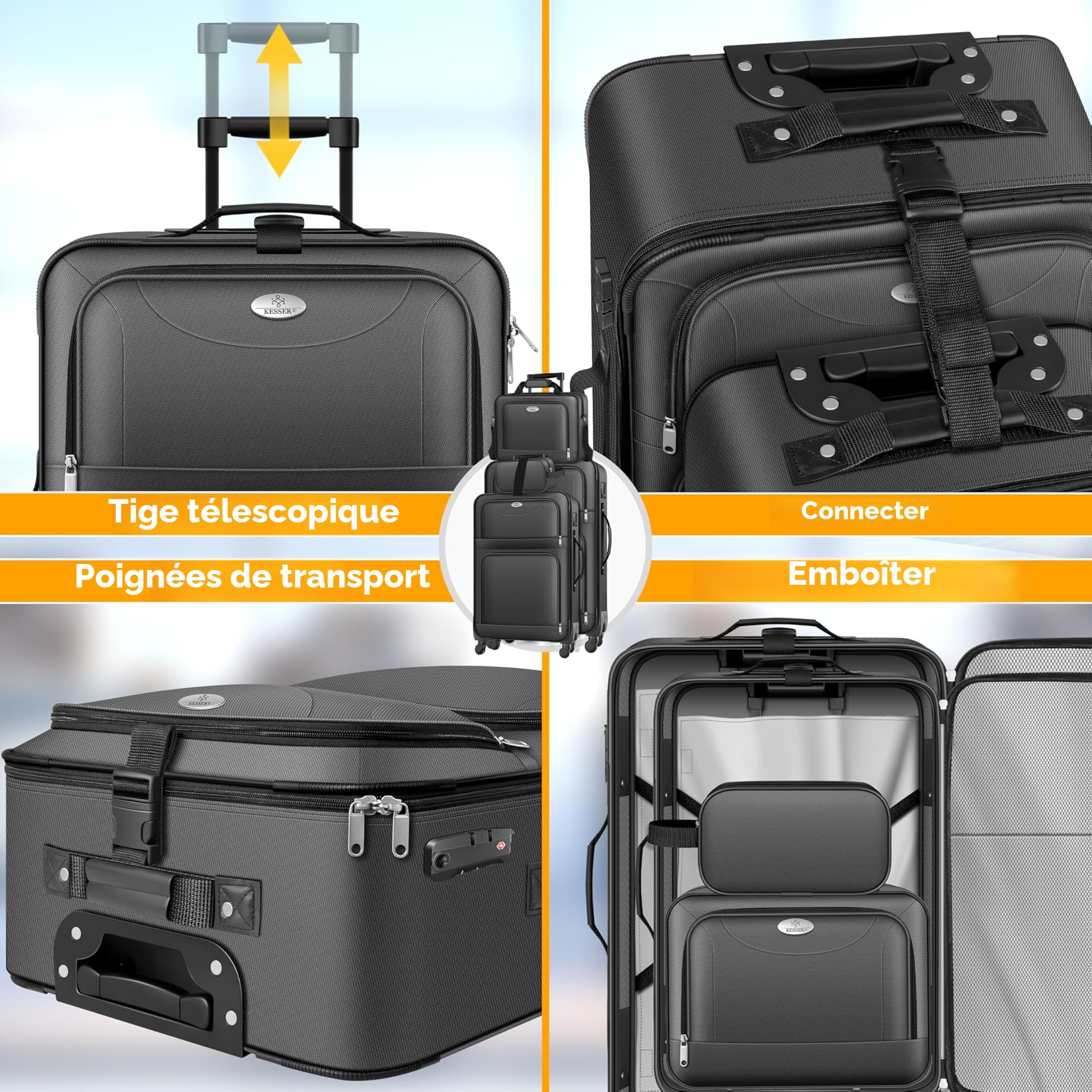 KESSER® Lot de 4 valises de voyage - Sac à roulettes en tissu avec serrure TSA - Roulettes à 360° et poignée télescopique - Sac cosmétique - Valise légère et grande