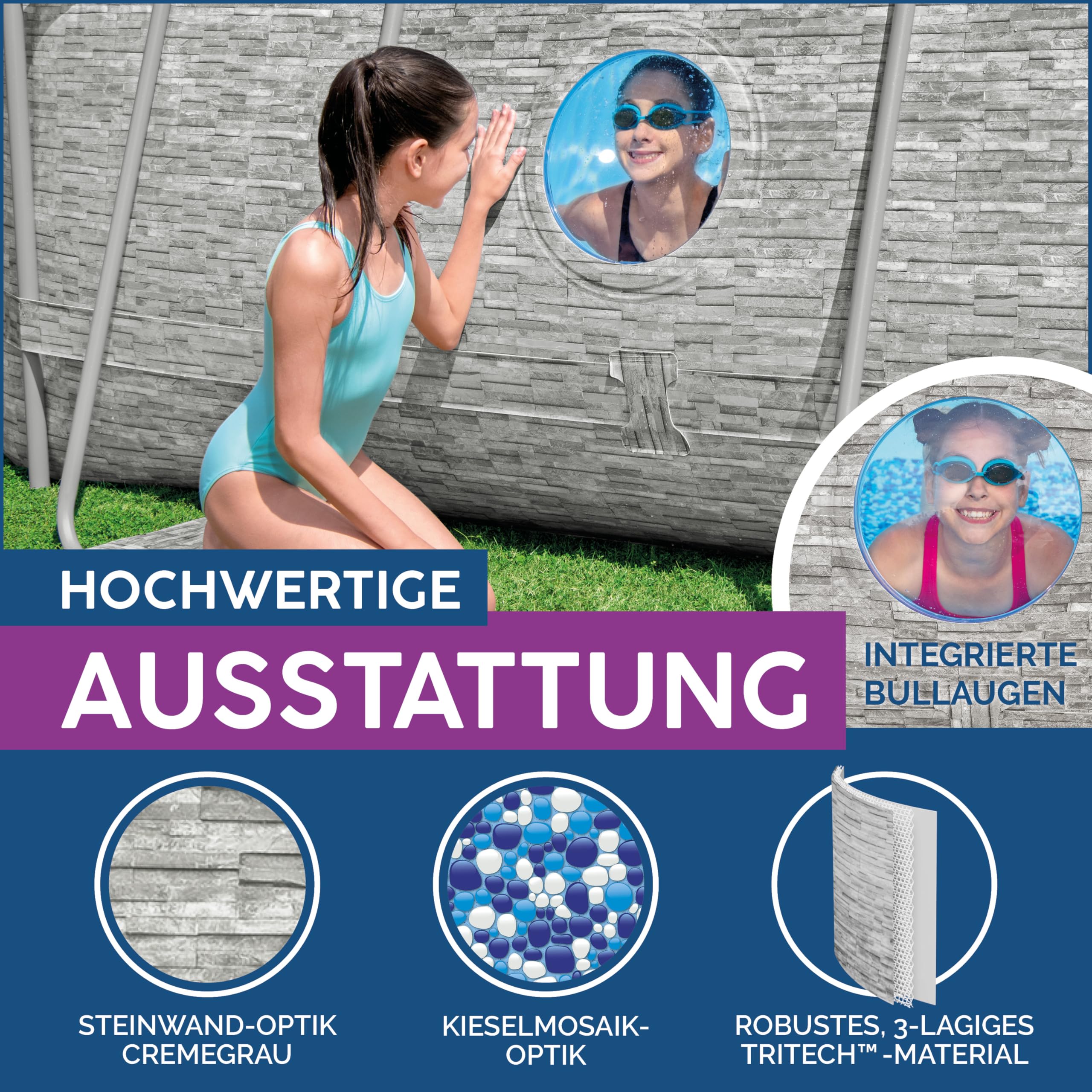Bestway Power Steel Swim Vista Series Frame Pool Komplett-Set 427 x 250 x 100 cm Steinwand-Optik Cremegrau oval