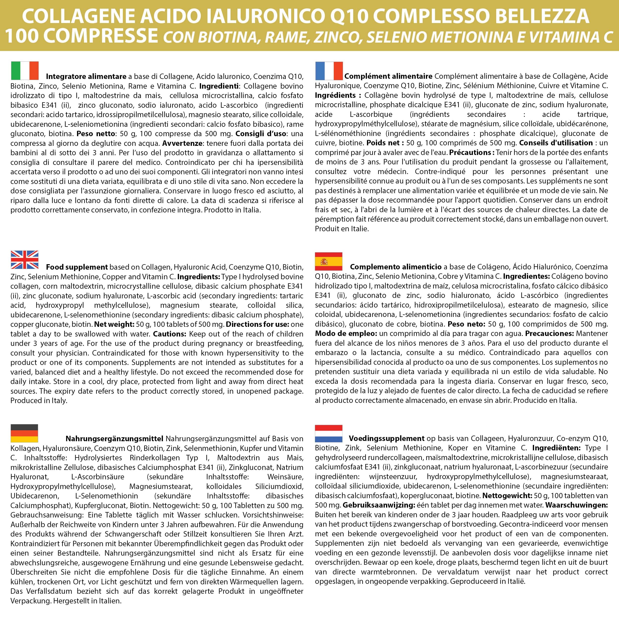 Collagene Acido Ialuronico Coenzima Q10 Complesso Bellezza con Biotina Zinco Selenio Metionina Rame Vitamina C | 1000 Compresse 1 al dì | Pelle Capelli Unghie LABOTTEGADEGLIINTEGRATORI