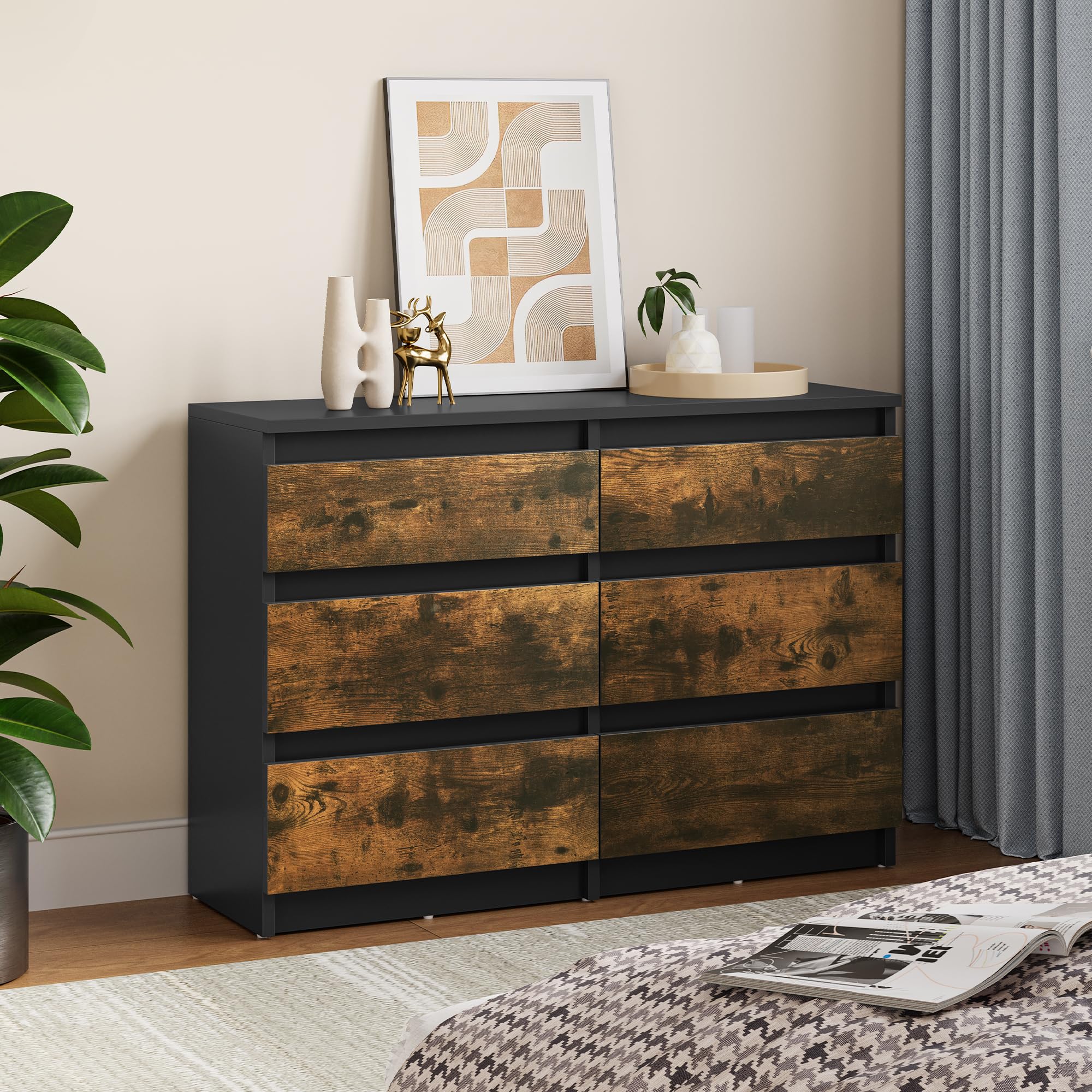 YITAHOME Commode à 6 tiroirs en Bois pour Chambre à Coucher, Table de Chevet Moderne, 100 x 30 x 70 cm, Noir Rustique