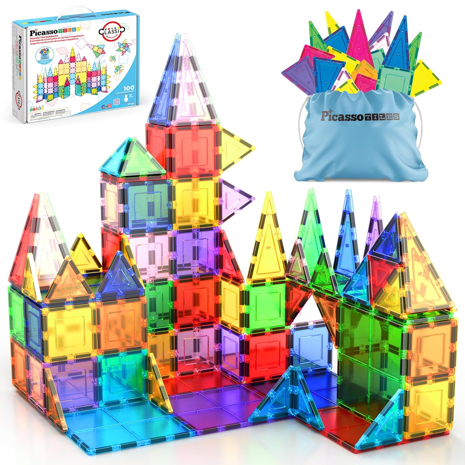 PicassoTiles 100 Piece Set 100pcs Magnet Building Tiles Clear Magnetic 3D Blocks Construction Playboards Creativity Beyond Imagination Inspirational