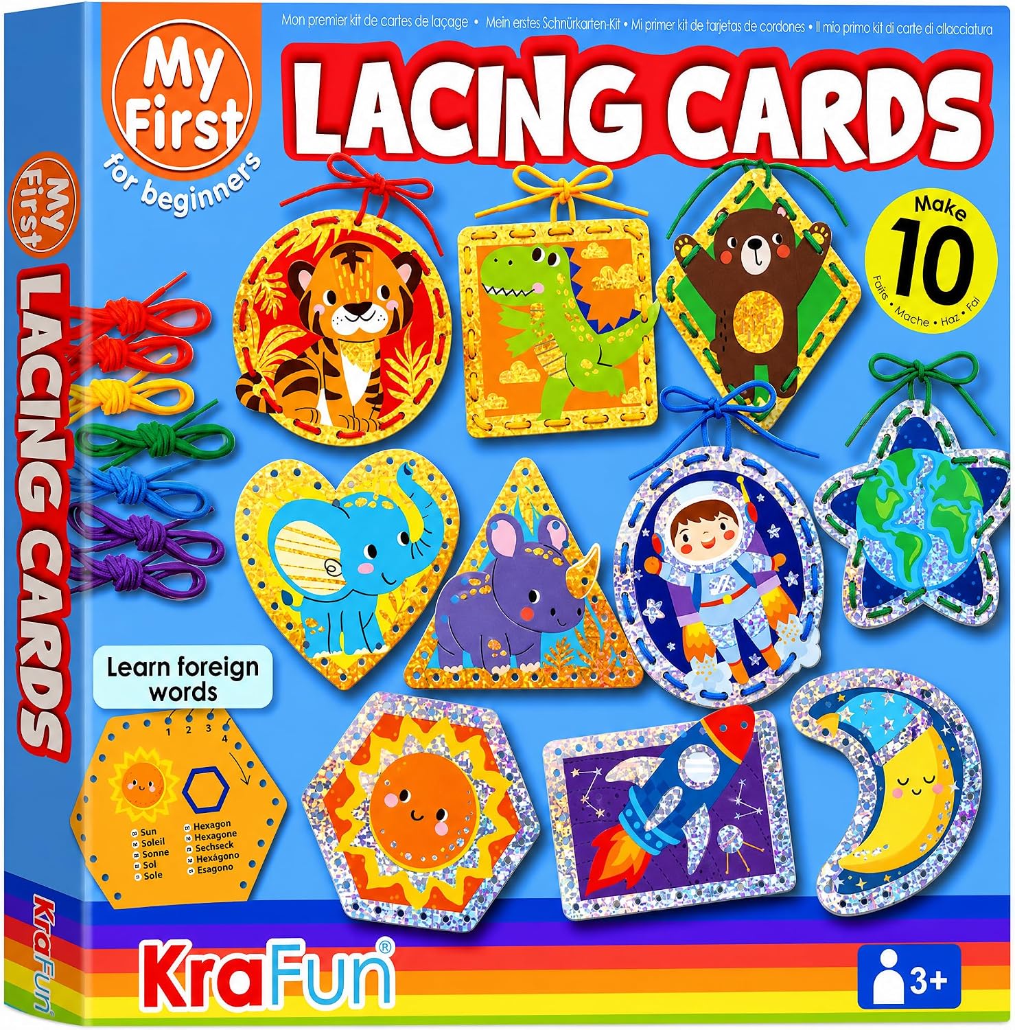 KRAFUN My First Lacing Cards for Boys & Girls Age 3+, 10 Holographic Space Animal Arts & Crafts Projects, Fine Motor Skills Toys with T-Rex Astronaut Rocket Tiger Elephant Dinosaur