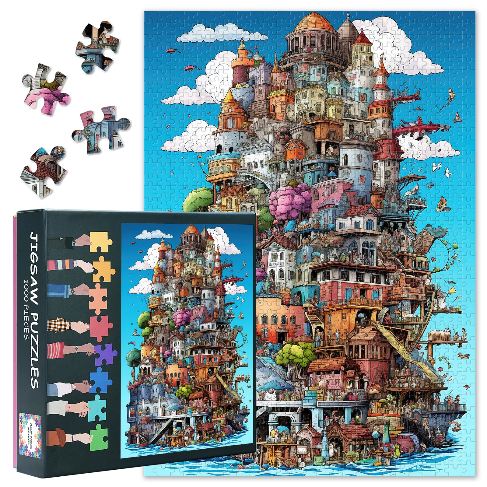 Fantasy City Puzzles for Adults 1000 Pieces, Buildings and Flying Birds Jigsaw Puzzles, Adult Puzzle for Adults, Educational Fun Games or Toys for Elders Friends 20X27 INCH