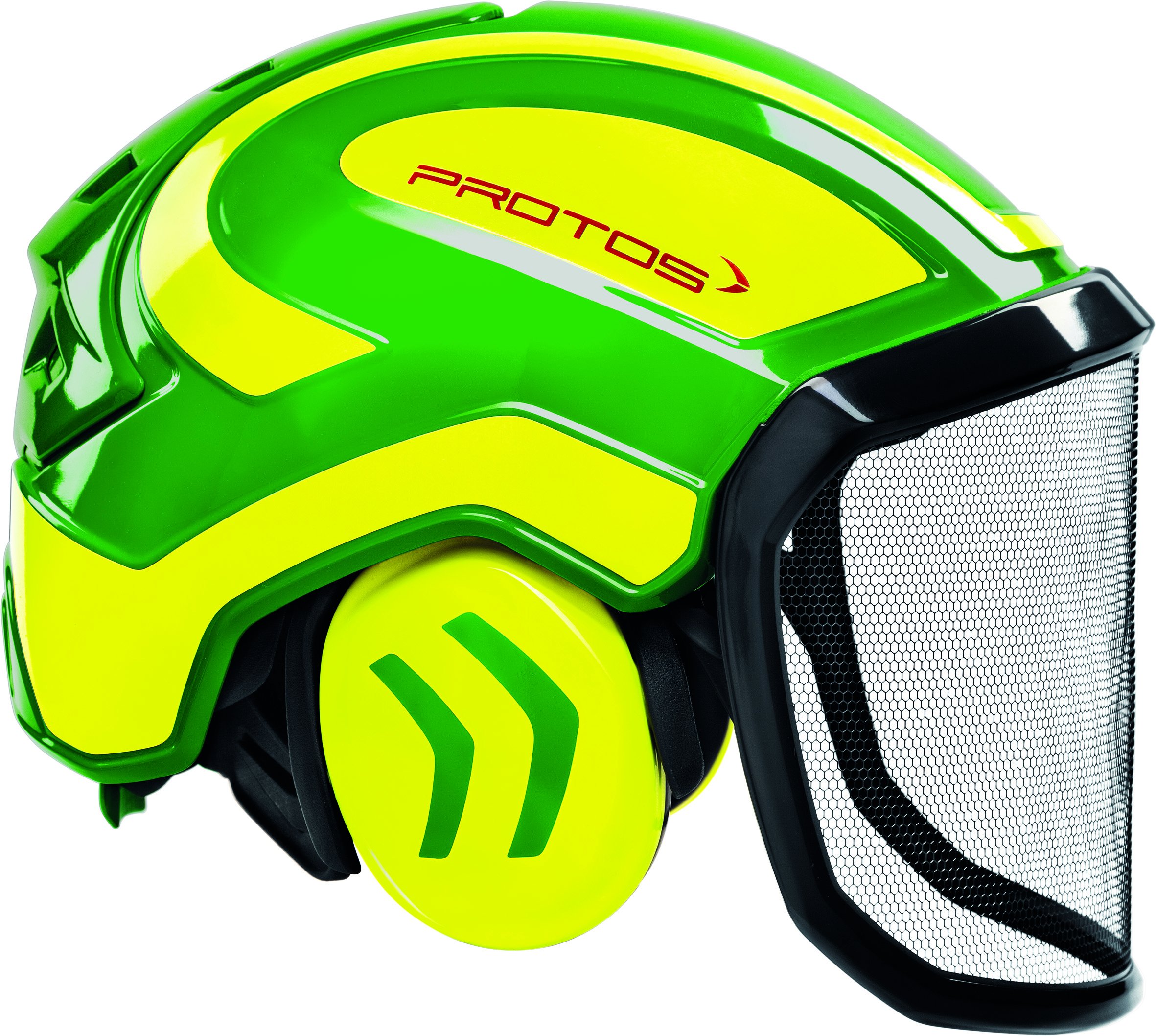 Casque de sécurité Protos avec protection auditive intégrale, équipement : visière fine, couleur : vert/jaune.