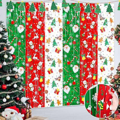Panelee Cortina de flecos de papel de aluminio de oropel con cinta temática de Navidad, telón de fondo de fotos metálico para invierno, Navidad,