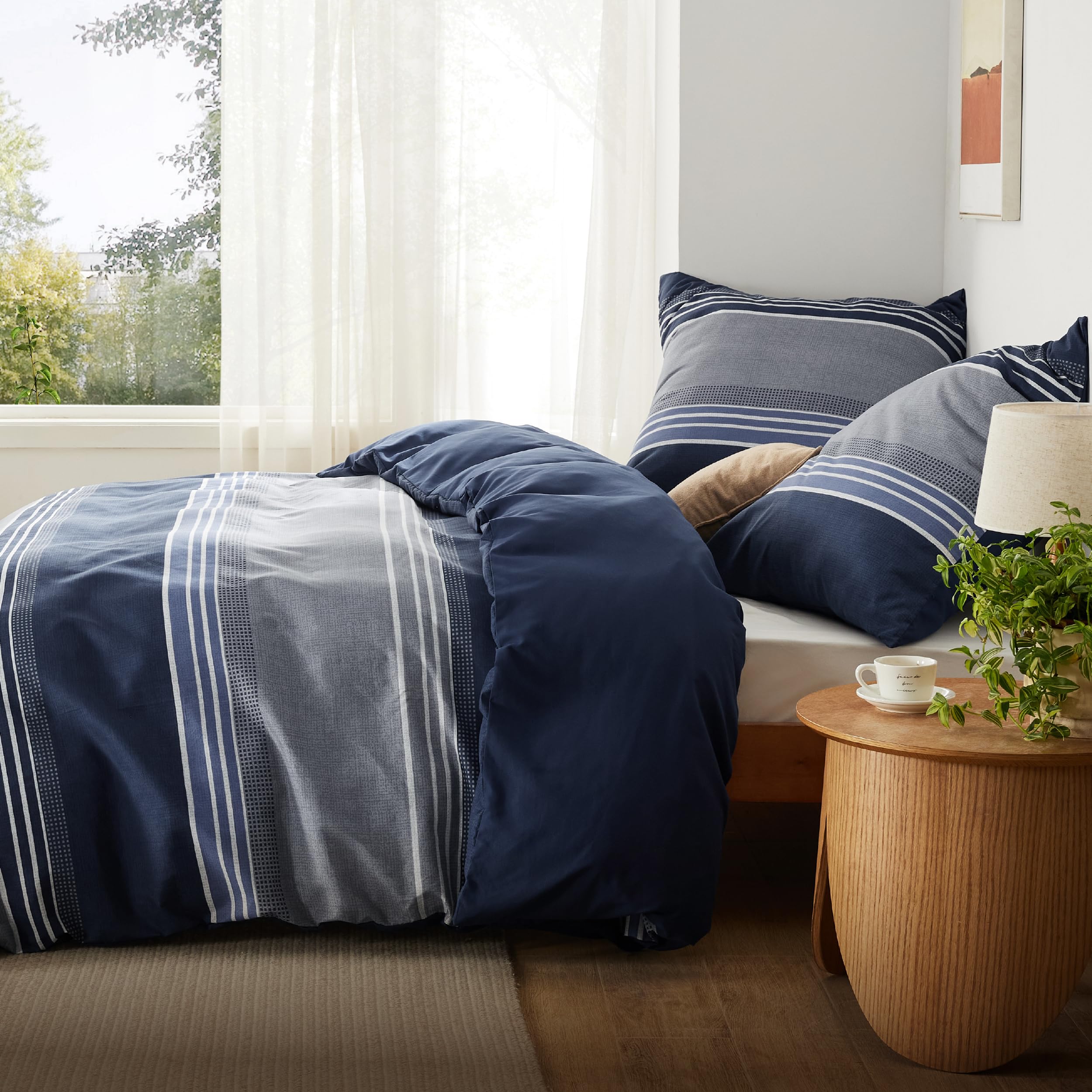 BEDSURE Beddengoed 240 x 220 cm, 3-delig dekbedovertrek - beddengoedsets blauw 240 x 220 cm met 2 kussenslopen 65 x 65 cm, Öko-Tex omkeerbaar beddengoed, blauw gestreept patroon met ritssluiting