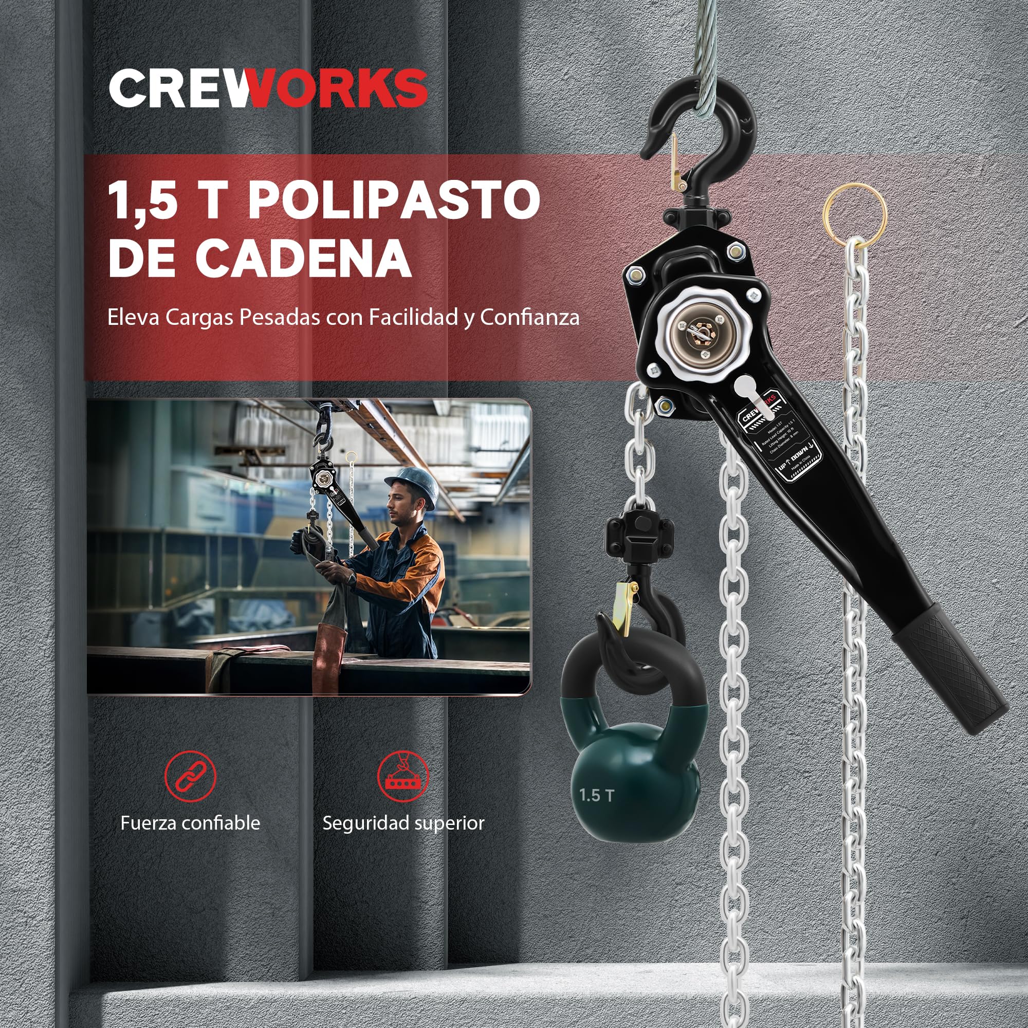 CREWORKS 1,5 T Polipasto de Cadena con Palanca, Elevación de 3 m, con Cadena Galvanizada G80 y Ganchos Giratorios, Polipasto Manual Resistente para Construcción, Almacenes y Fábricas