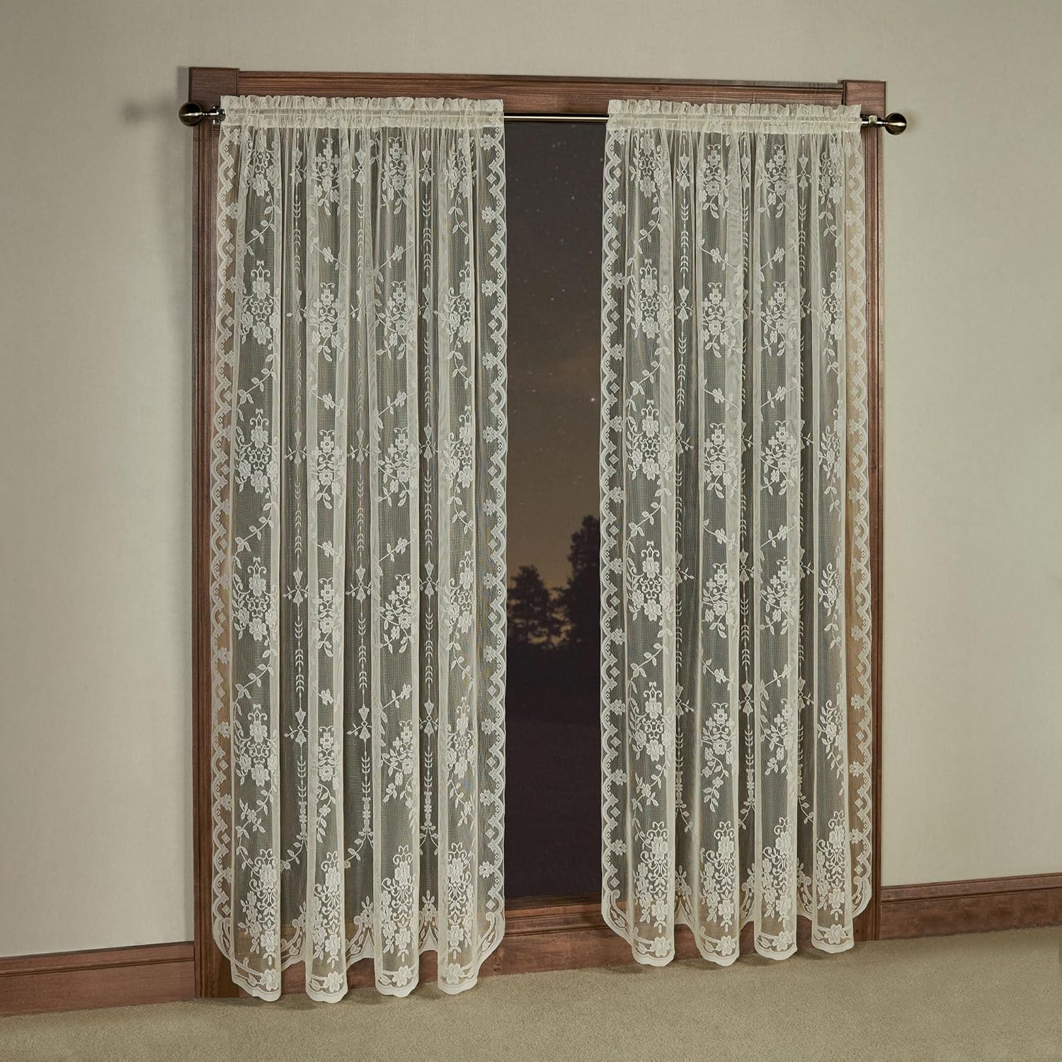 Luxury Sheer Polyester Fiona Lace Window Treatment | Beautiful Window 63L Panel Pair | Timeless Classic Traditional | Ivory | Elegance Charm | Rod Pocket Curtains | Machine washable | Light Filtering