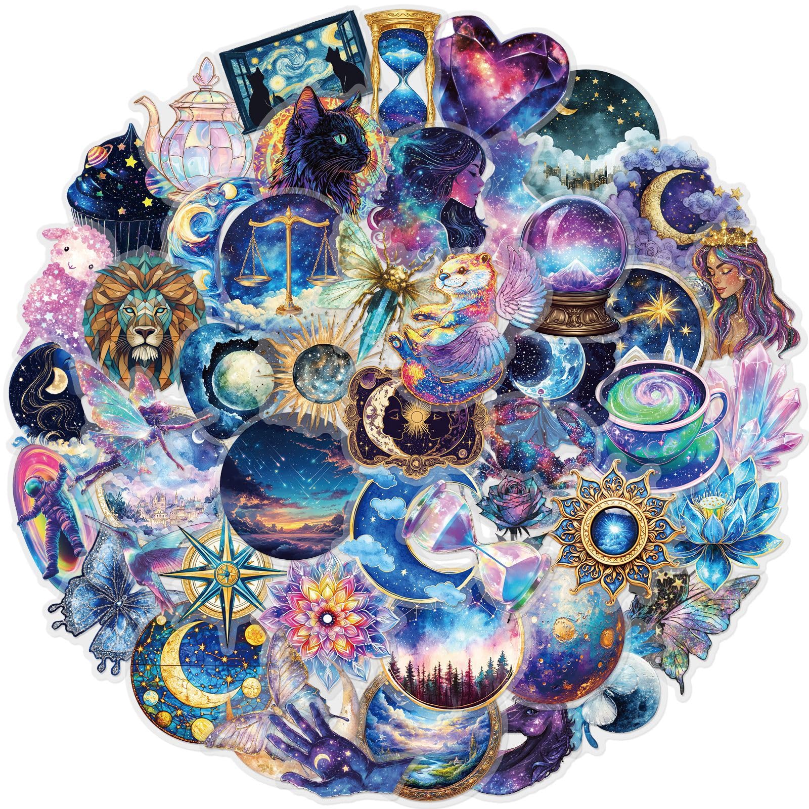 Photo 1 of ***4 PCS*** Fantasy Punk Galaxy Stickers – Aesthetic Transparent Waterproof Celestial Decals with Butterflies, Crystals, Stars & Planets for Scrapbook, Journal, Resin Craft Decoration