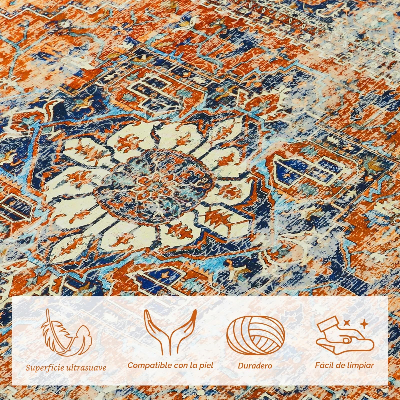 WONGS BEDDING Alfombra de salón, 140 x 200 cm, estilo bohemio, pelo corto, lavable, antideslizante, lana sintética, naranja