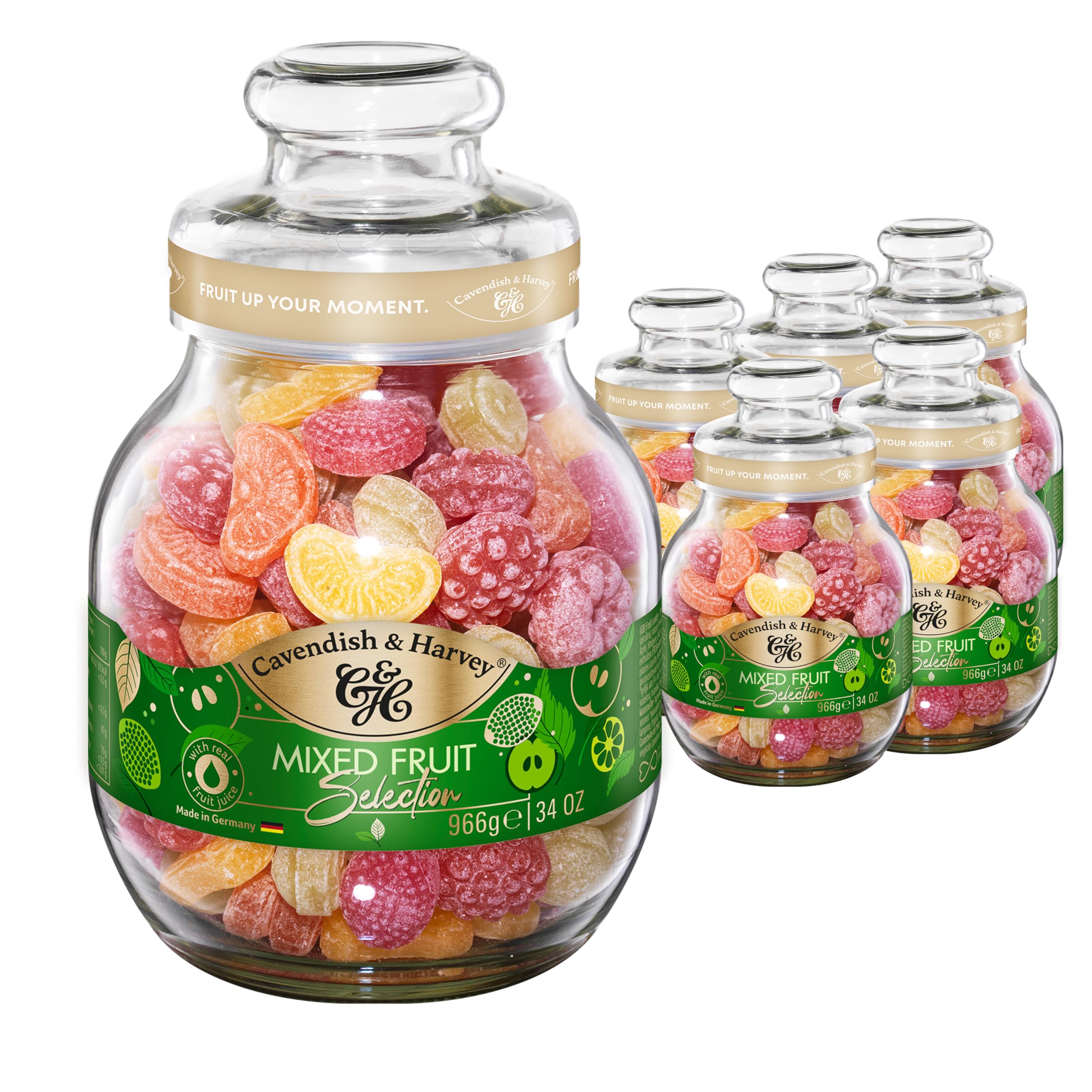 Cavendish & Harvey Mixed Fruit Selection 6 x 966g Glas Vorteilspack | Orange, Zitrone, Apfel, Himbeere, Erdbeere | Fruchtbonbons mit natürlichen Aromen | Vegan, Halal, Koscher | 6 x 966g