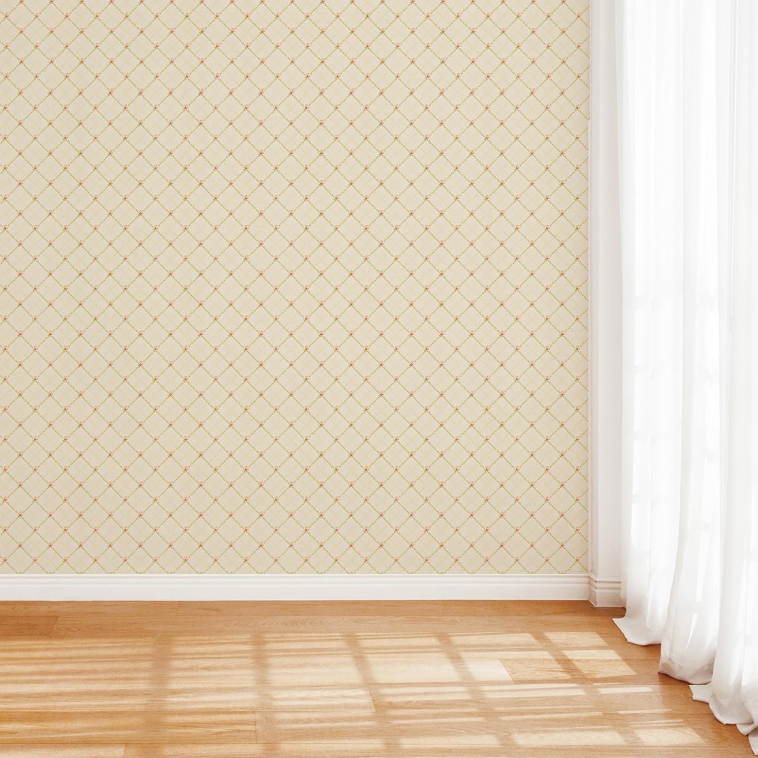 RollsRolla Floral Plaid Peel and Stick Wallpaper - Farmhouse Styled Warm Beige, Rustic Style Featuring Pink Dainty Flowers, Renter Friendly Wallpaper for Living Room, Kitchen, Bedroom