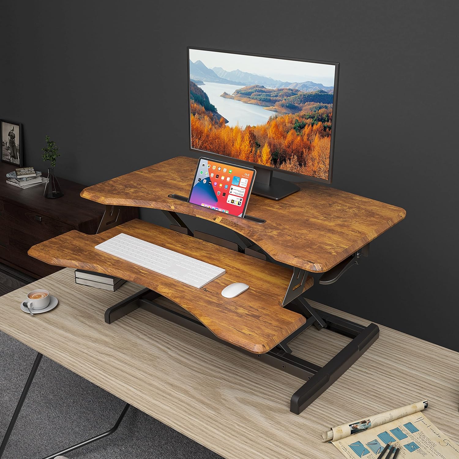FEZIBO Standing Desk with Height Adjustable 34 inches Standing Desk Converter Stand up Riser Tabletop Workstation Fits Dual Monitor Rustic Brown : Office Products