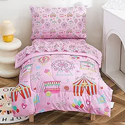 Viviland Jogo de cama infantil com estampa de parque de diversões, estampa fofa de microfibra macia, rosa com balões de ar quente, roda-gigante