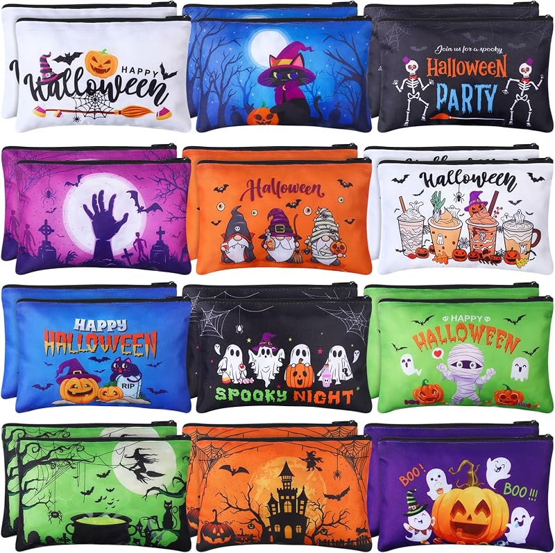Blosssound 24 necessaires de maquiagem com zíper, estampas de Halloween, 12 estilos