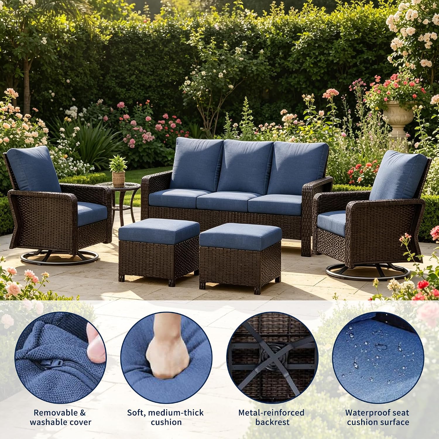 8-Piece Outdoor Patio Set, Three-Seater Sofa with Two Swivel Chairs, Two Footstools and Side Table, PE Wicker with Waterproof Fabric Cushions, Dark Coffee & Blue