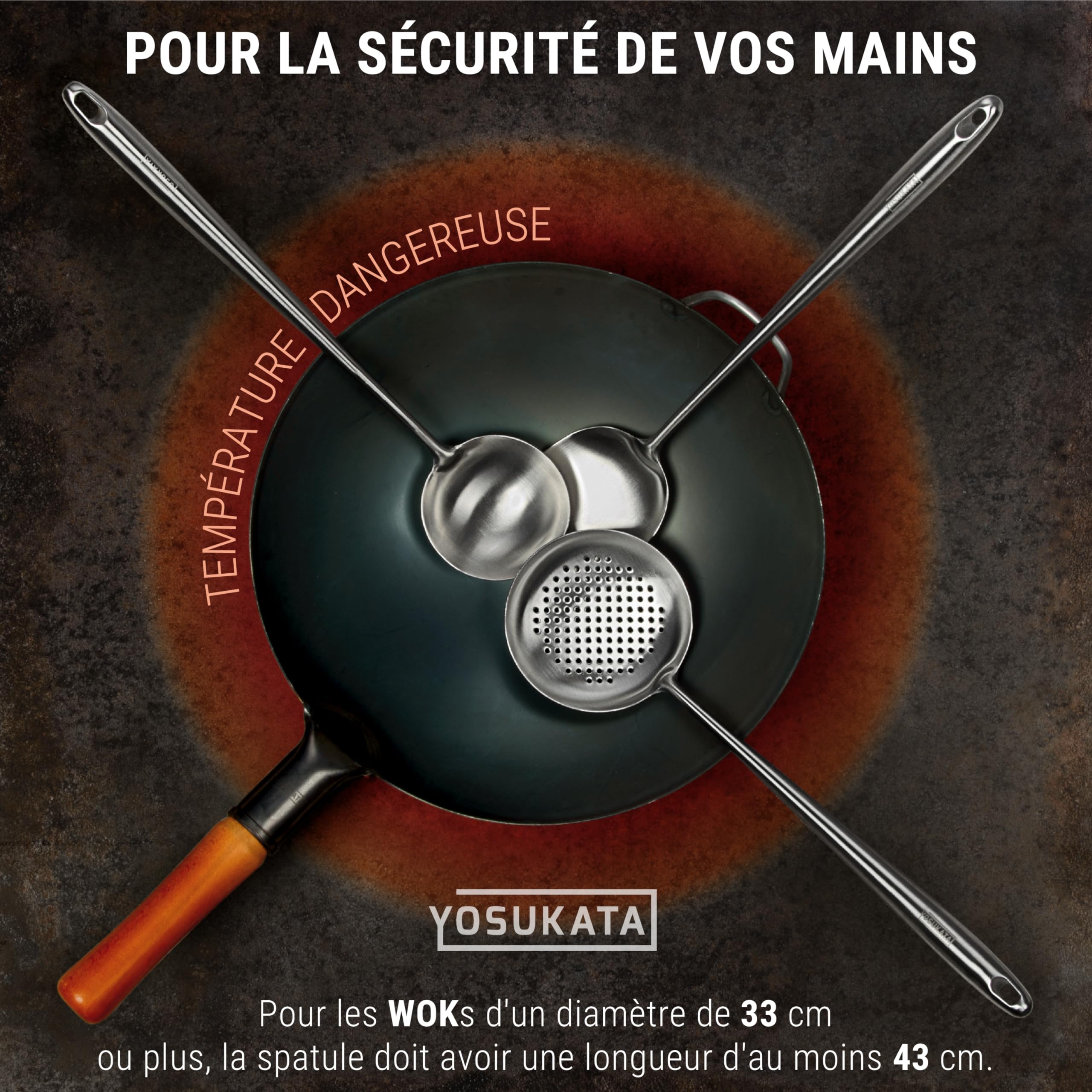 YOSUKATA Spatule, Louche Et Écumoire De Cuisine En Inox Pour Wok 43 cm | Spatule Plancha - Louche Professionnel - Écumoire Ustensiles de Cuisine Inox - Spatule Wok en acier inoxydable 304 -