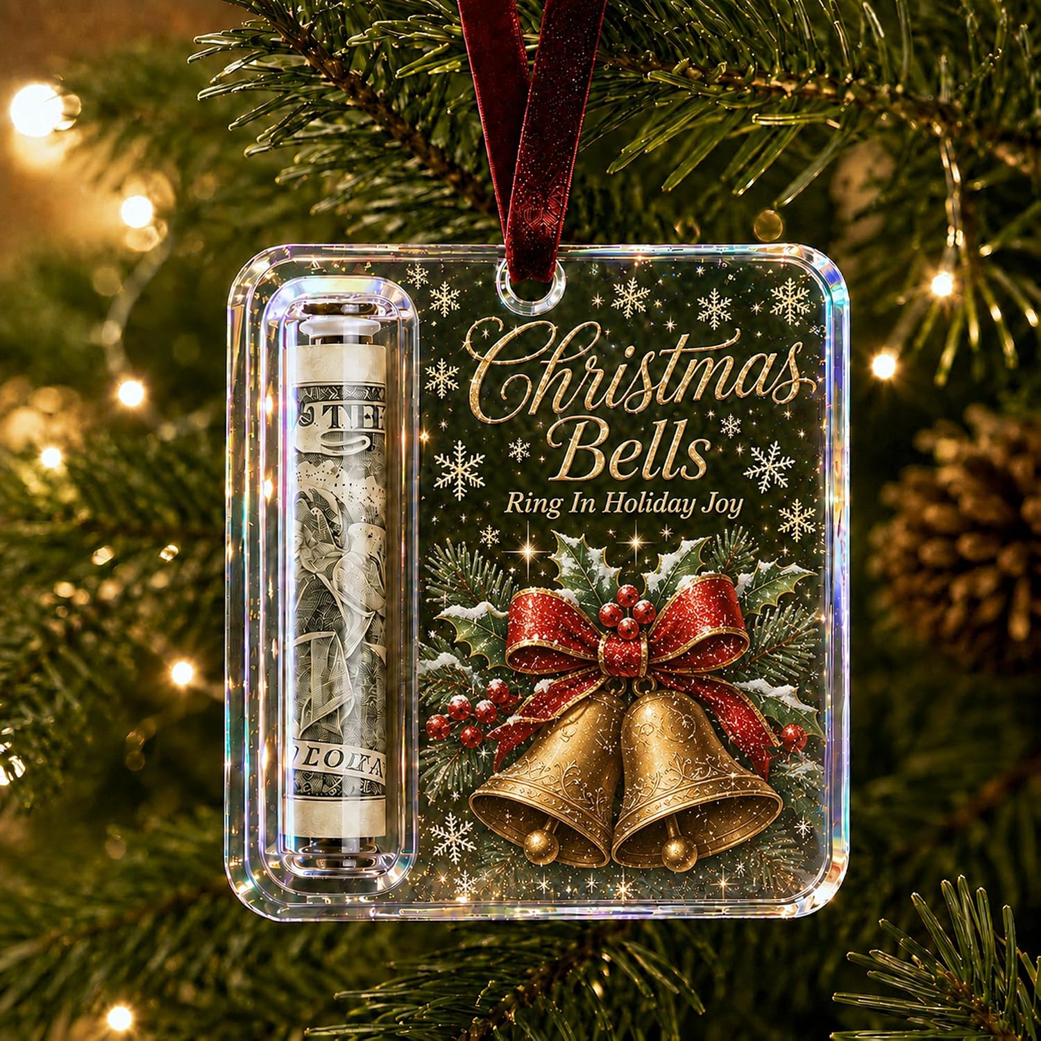 Christmas Cash Gift Ornament – Crystal-Clear Holographic Cash Holder Ornament, Hanging Money Keepsake for Christmas Tree, Surprise for Kids, Grandchildren, Family & Friends，Reindeer