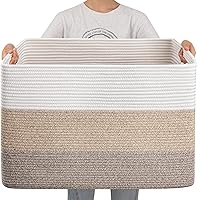 OIAHOMY 108L Extra Large Cotton Rope Blanket Basket - 25x16x16 Rectangle Woven Storage Bin with Handles, Gradient Brown for Toys & Living Room
