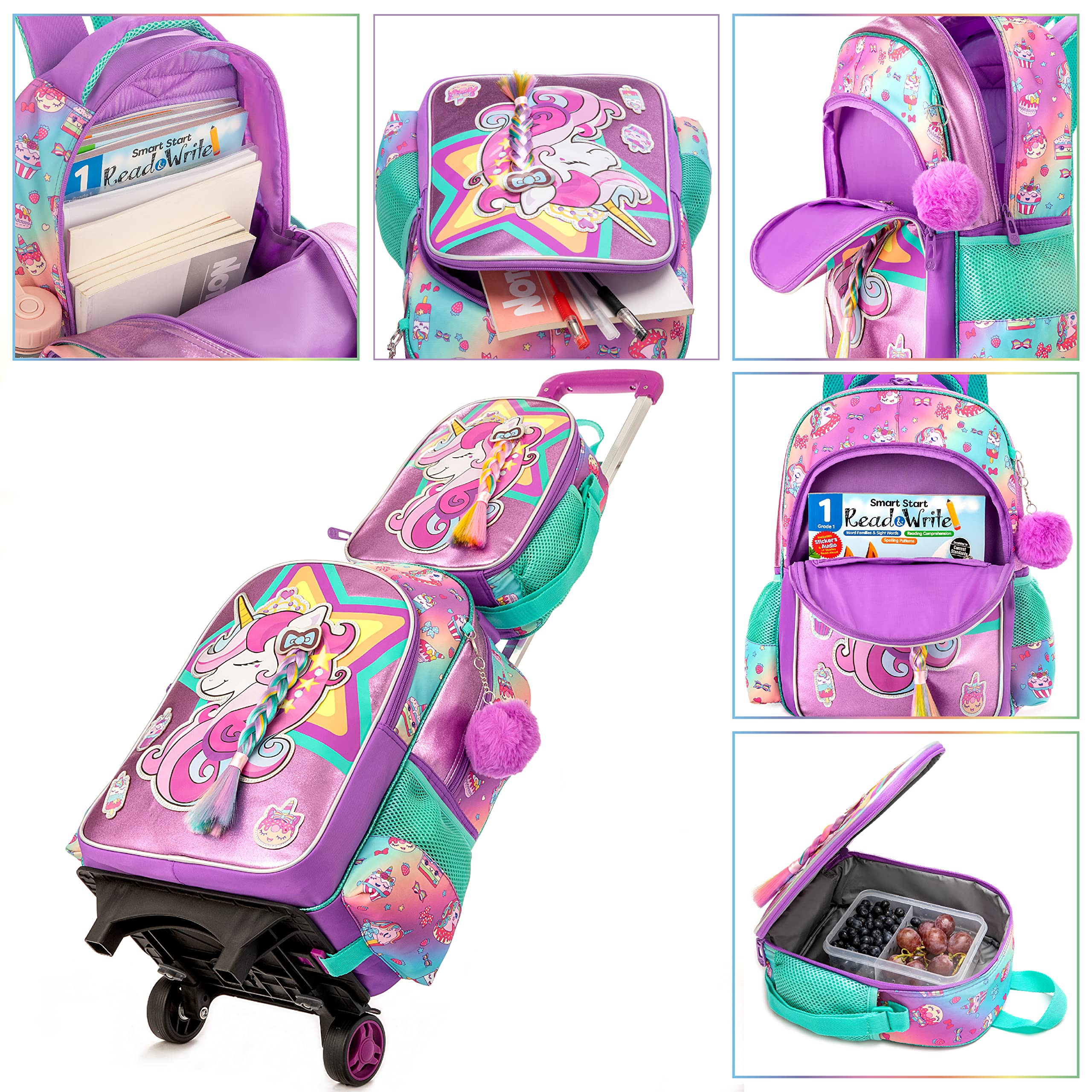 HTgroce Zaino Scuola Elementare Bambina Trolley 16 inch Zaino Trolley con Astuccio e Pranzo al Sacco, Zaino con Ruote Scuola Elementare Bambini Buono per la Scuola e i Viaggi