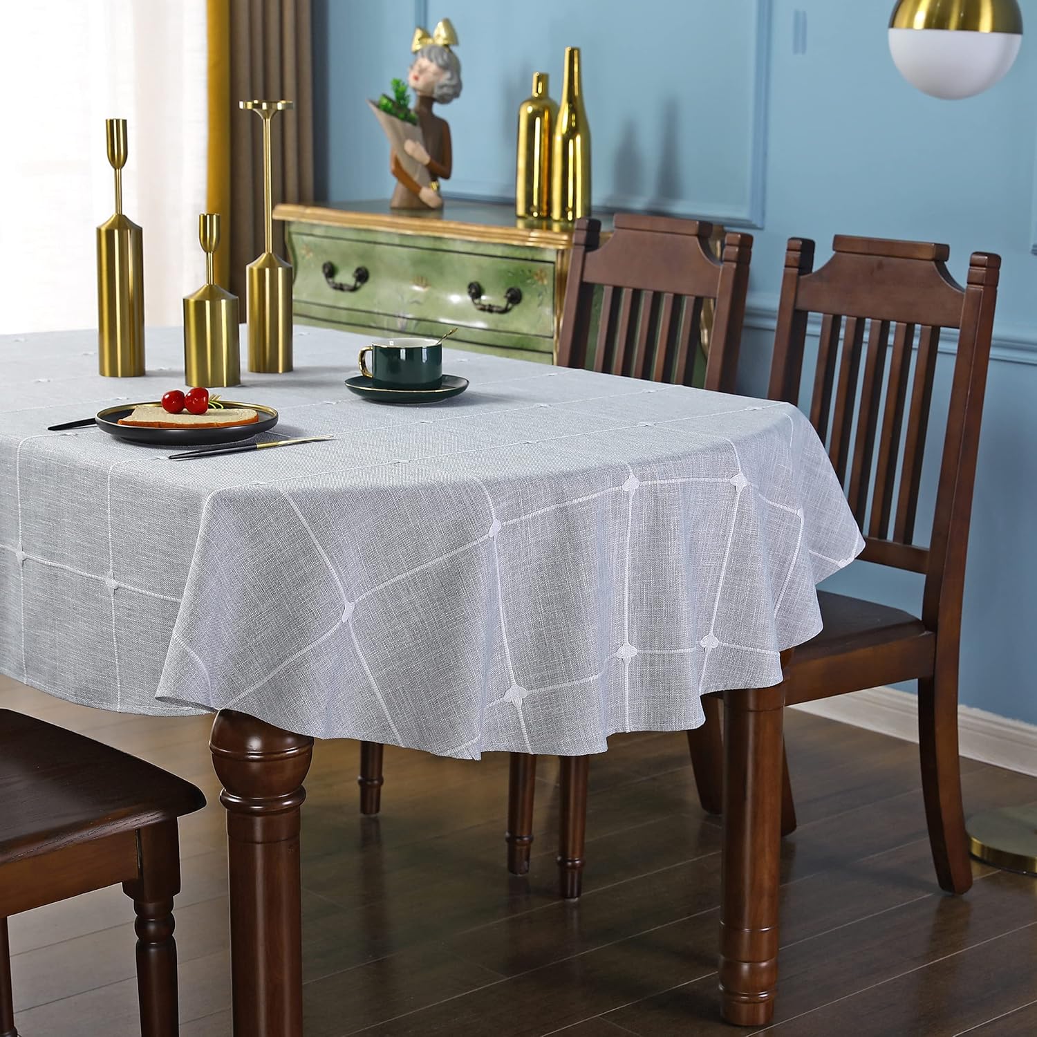 Lattice Oval Tablecloth Rustic Embroidery Cotton Linen Fabric Grey Checkered Table Cover Tablecloths for Kitchen Dining Party Tabletop Decoration 53 x 72 In, 53 in x 72 in