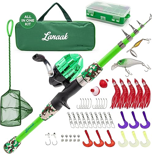 Lanaak Kids Fishing Pole and Tackle Box - with Net, Travel Bag, Reel and Beginners Guide - Rod and Reel Kit for Boys, Girls, or Youth