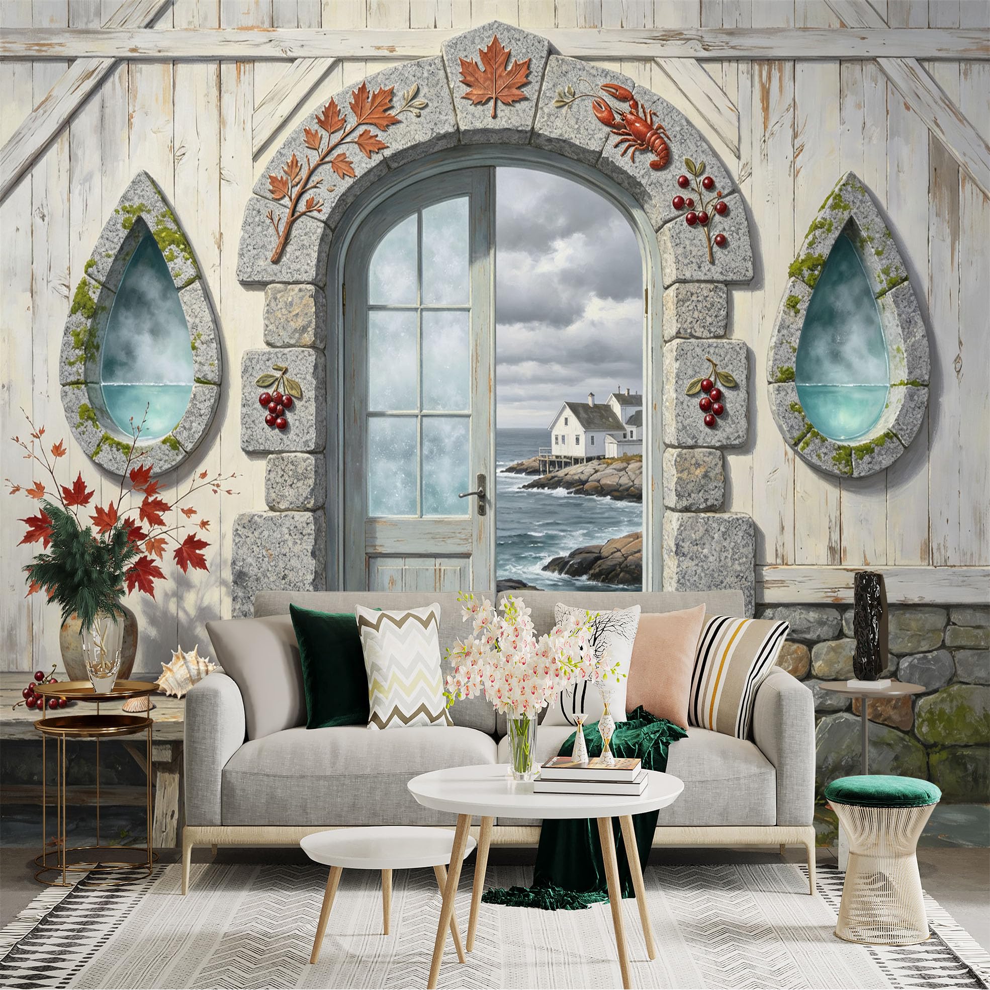 Custom Size Wall Sticker Mural， Coastal Cottage Stone Archway Ocean View Rustic Seaside Landscape， for wall Decoration， peelandstick wall Decals.
