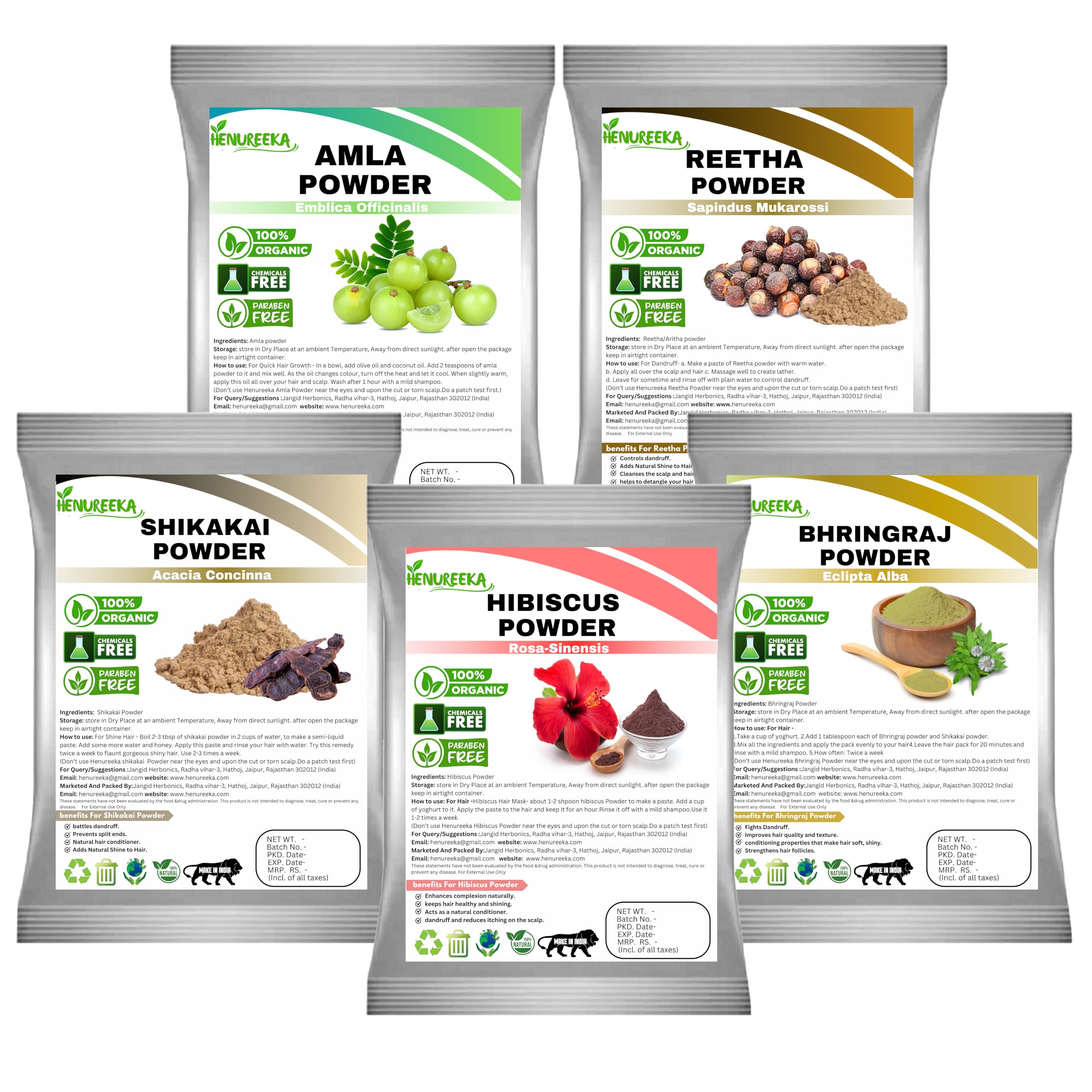 Henureeka Organic Hair Care Powder Set, Amla, Reetha, Shikakai, Hibiscus, Bhringraj, 100% Chemical-Free, (Pack of 5, 50gm Each)-image-35