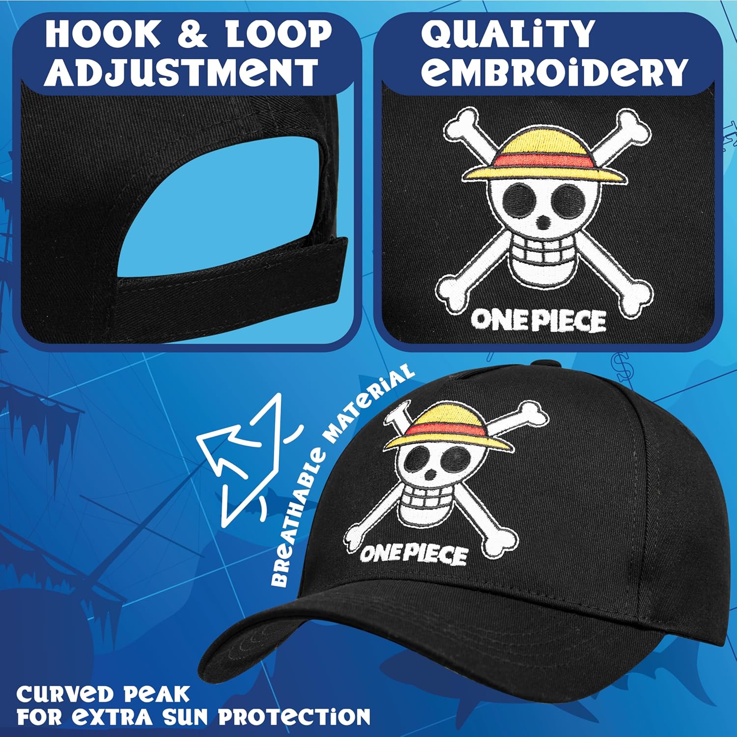 One Piece Baseball Cap for Kids Teenagers Adjustable Boys Caps Running Hat Summer Accessories Anime Gifts Travel Essentials Black