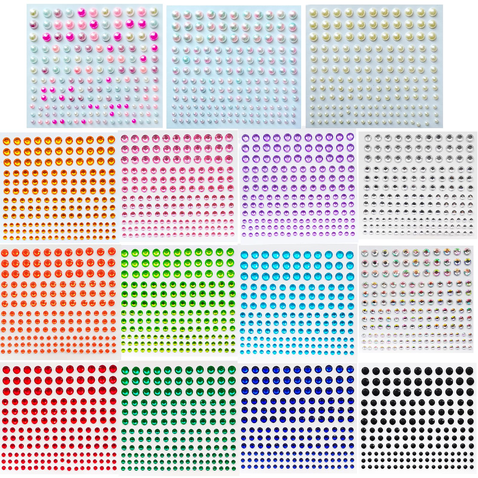 Self Adhesive Gem and Pearl Stickers for Face, 4 Size 3mm/4mm/5mm/6mm,3 Sheet Pearls and 12 Sheet Sticky Rhinestones for Body Makeup,2475 Pcs Stick on Acrylic Jewels for Nail Eyes Hair