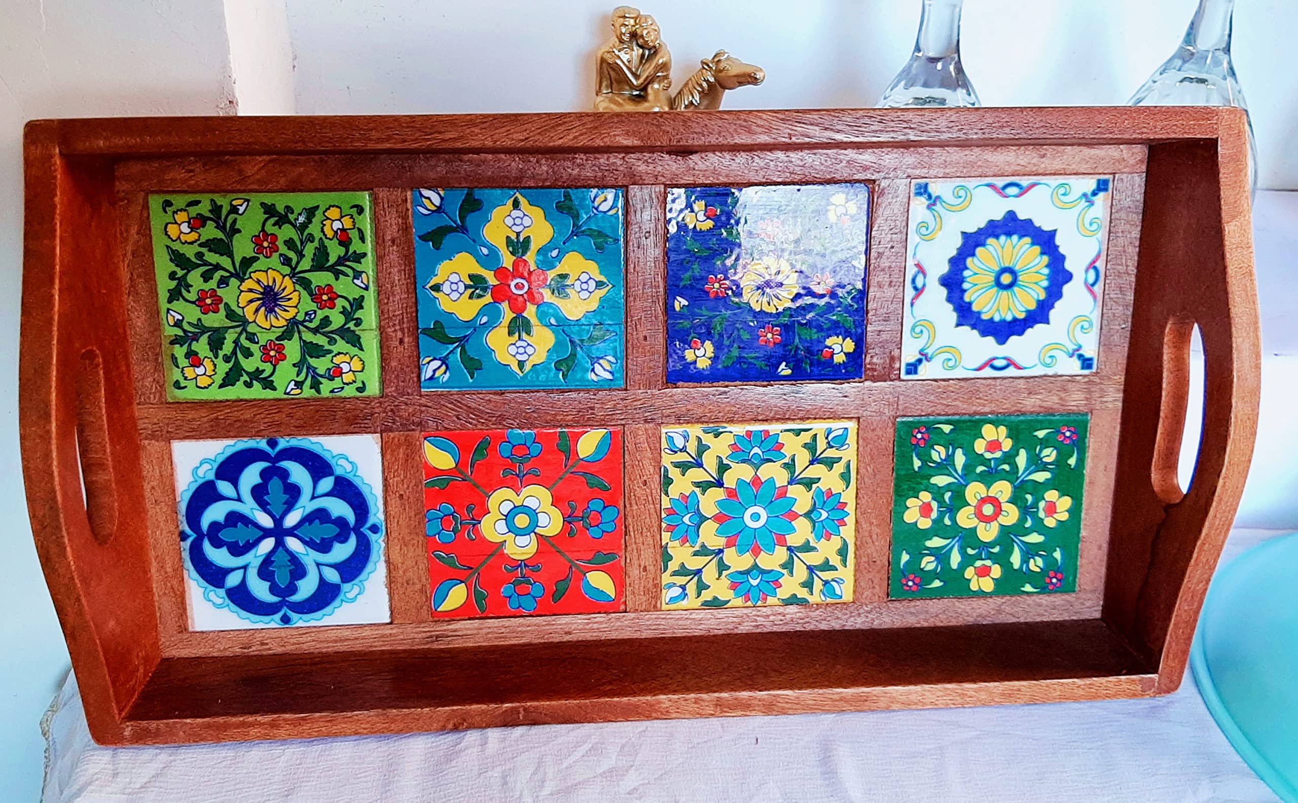 MARWAL HANDICRAFTS Tea Coffee Serving Wooden Ceramic Tiles Dining Table Décor for Mon Tray (Color-2)