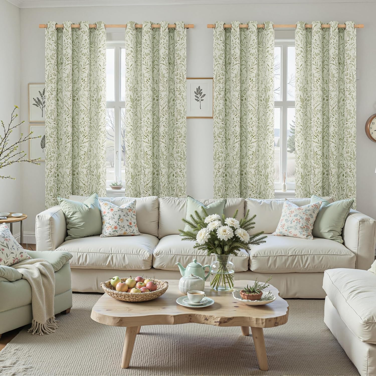 BGment Green Leaf Linen Curtains for Living Room 84 Inch Length, Botanical Branch Floral Patterned Cottage Core Farmhouse Vintage Linen Curtains Light Filtering Window Drapes, 52 x 84 Inch, Sage Green