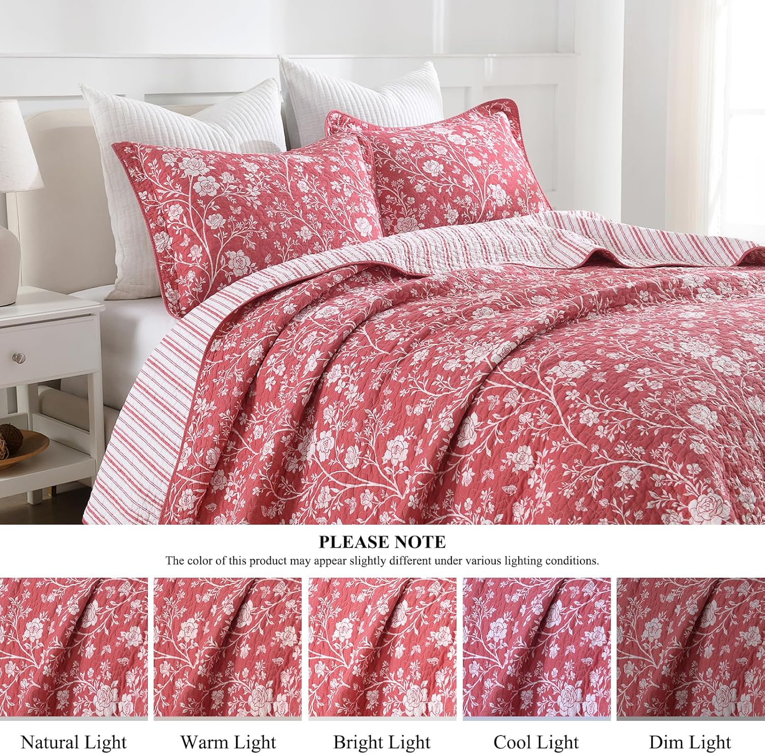 DDUOXIN King Quilt Set - 100% Cotton Quilts with 2 Pillow Shams, Vintage Floral Bedspread Lightweight Thin Comforter Reversible Bedding for Pastoral Style Bedroom, Red, King(106" W x 98" L)