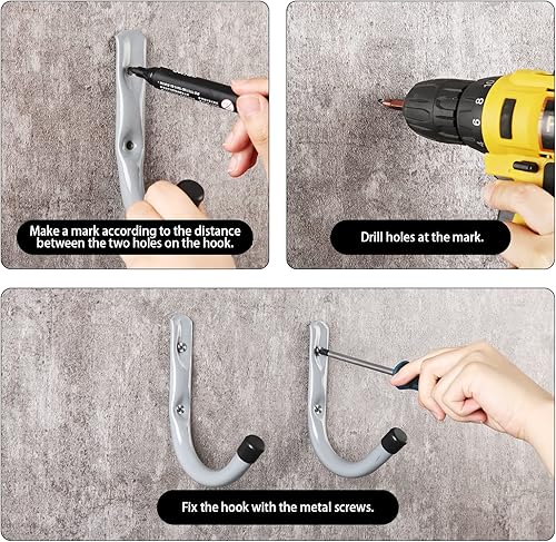 Miniatura 7 de HOME MASTER HARDWARE Paquete de 12 ganchos de pared de almacenamiento de garaje resistentes de 4 pulgadas, ganchos de acero J para colgar escaleras,