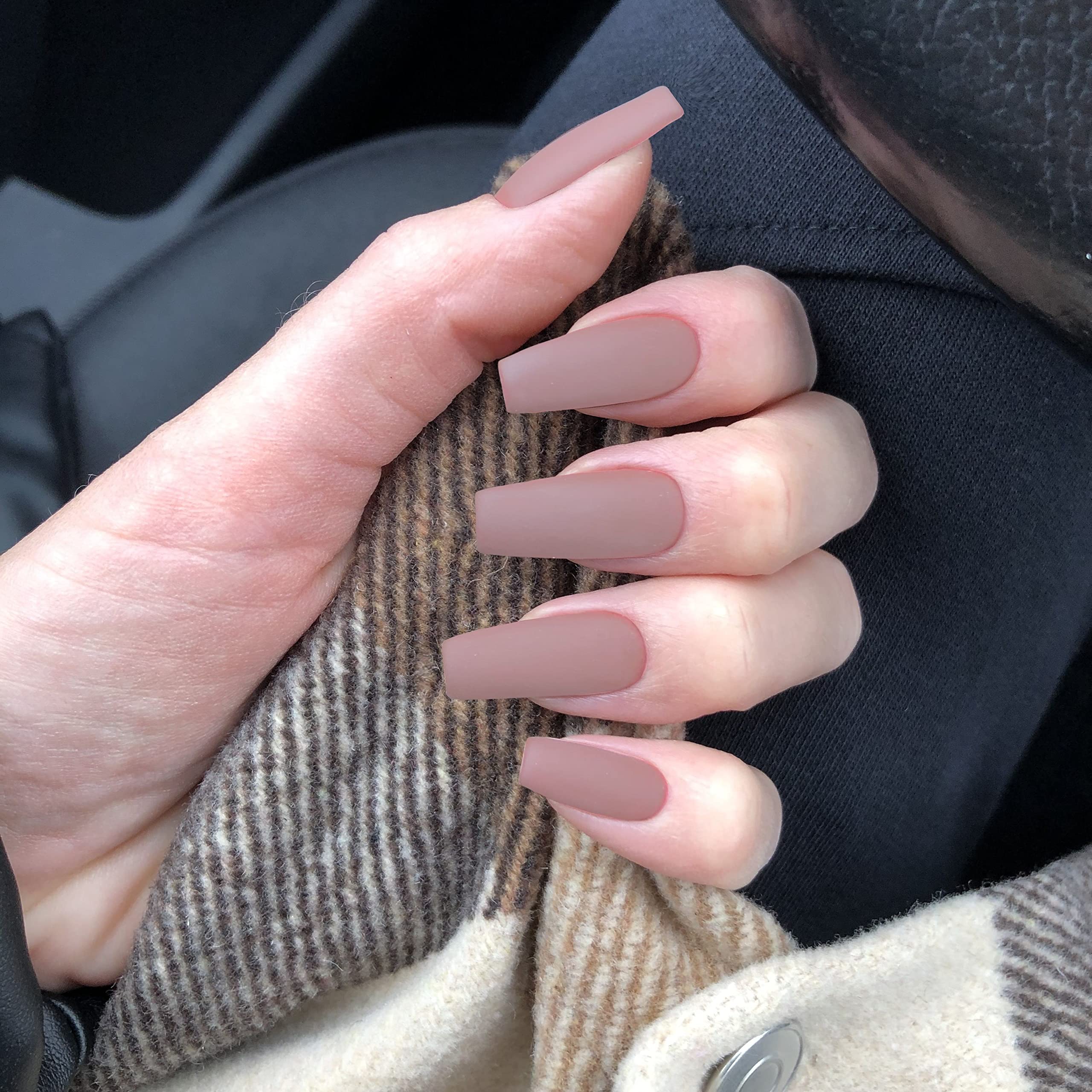 KQueenest Soft Gel Press on Nails Long Square, Matte Nude Brown False Nails Long Medium Coffin, Natural Solid Fake Nails Set
