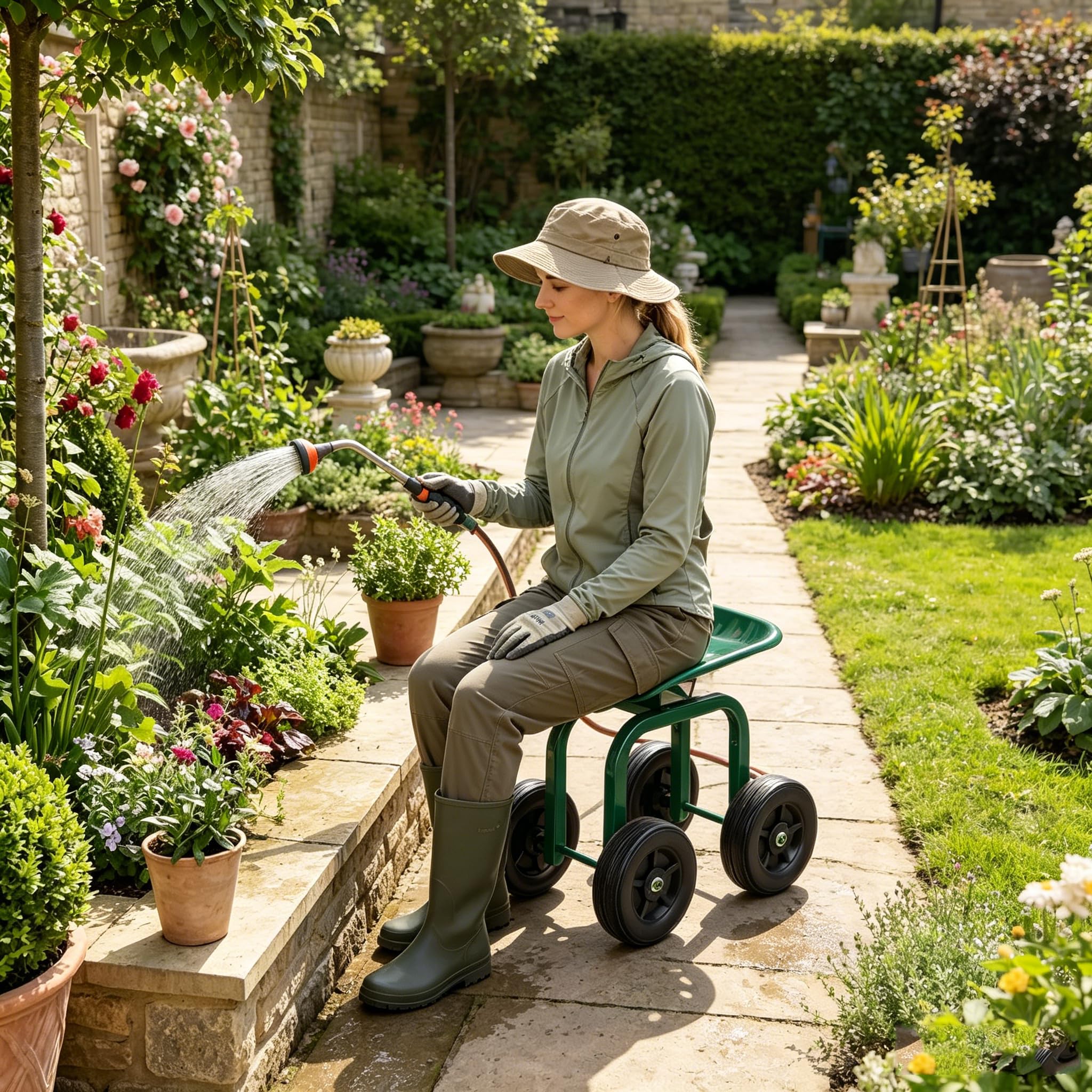 SOARS Siège Roulant de Jardin Pivotant à 360° et Réglable en Hauteur de 40 à 50 CM, Tabouret de Jardinage avec Large Assise, Charge Maximale 150 KG, pour Jardinage et Entretien (Vert)