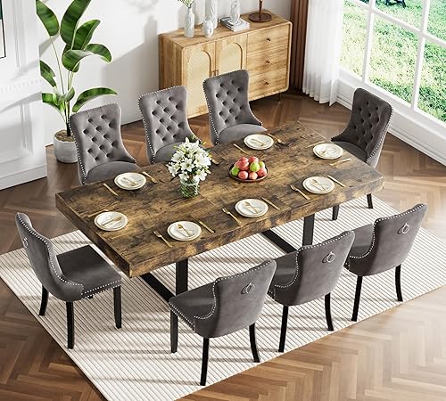 Miniatura 28 de Juego de mesa de comedor extensible marrón de 63 a 78.74 pulgadas para 6, juego de mesa de comedor de 7 piezas con 6 sillas tapizadas, mesa de Mesa