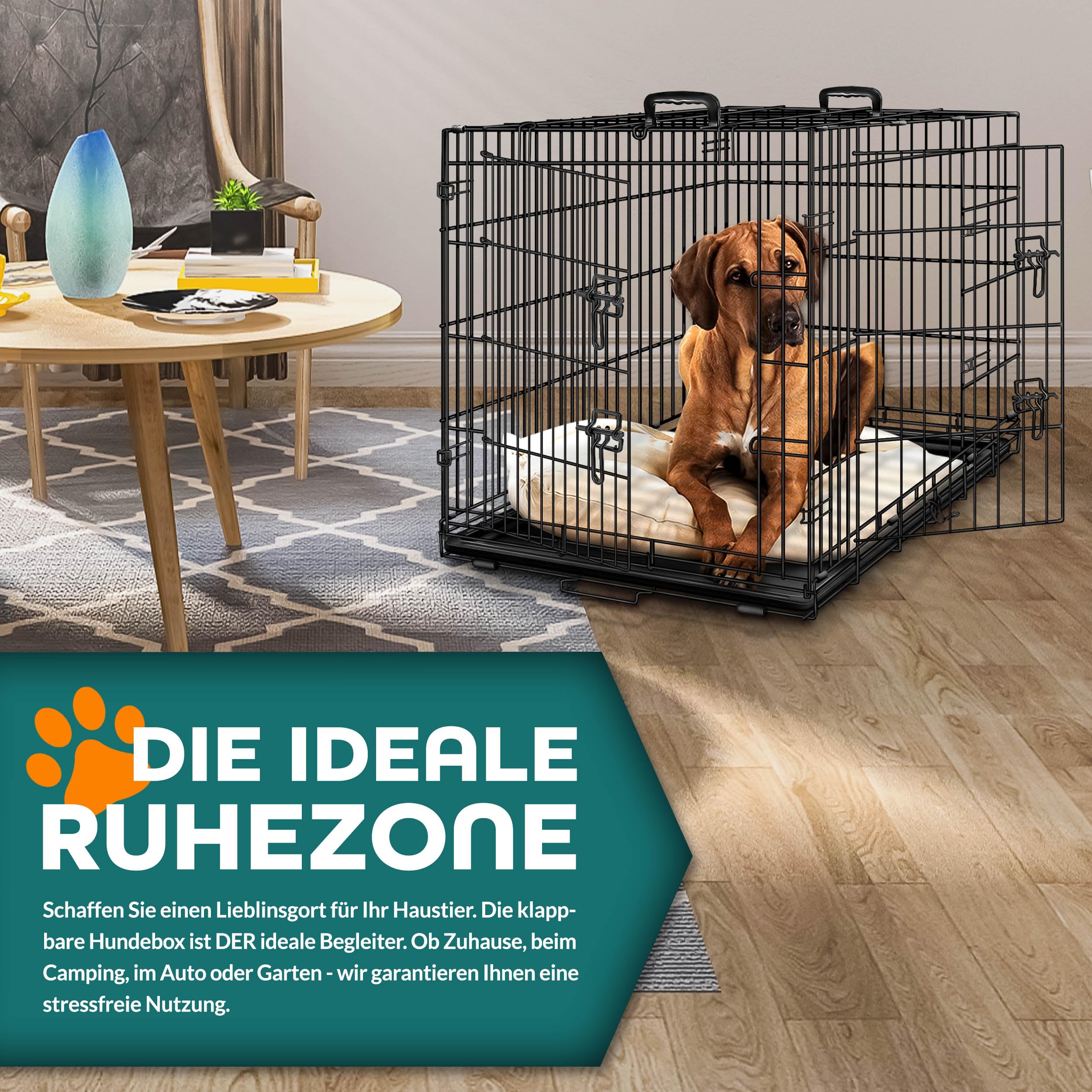 TRESKO Hundekäfig faltbar mit 2 Türen | Transportkäfig Auto | Hundebox mit Bodenschale | Transportbox Drahtkäfig (L 122 x B 74,5 x H 80,5 cm)