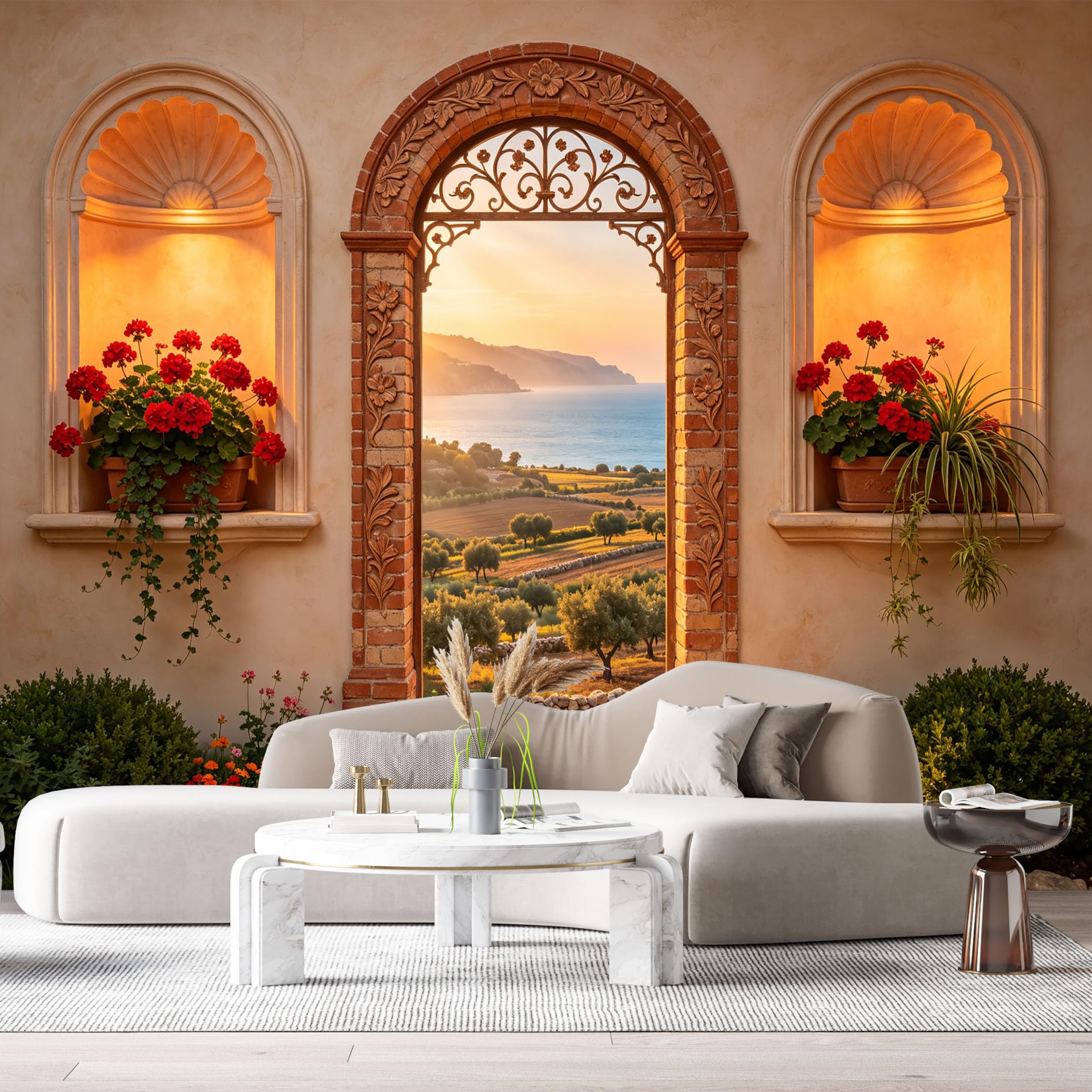Custom Size Wall Murals Mediterranean Archway Coastal Landscape 3D Trompe L'Oeil Floral SelfAdhesive Wall Fabric Removable Large Wallpaper Photo for Living Room