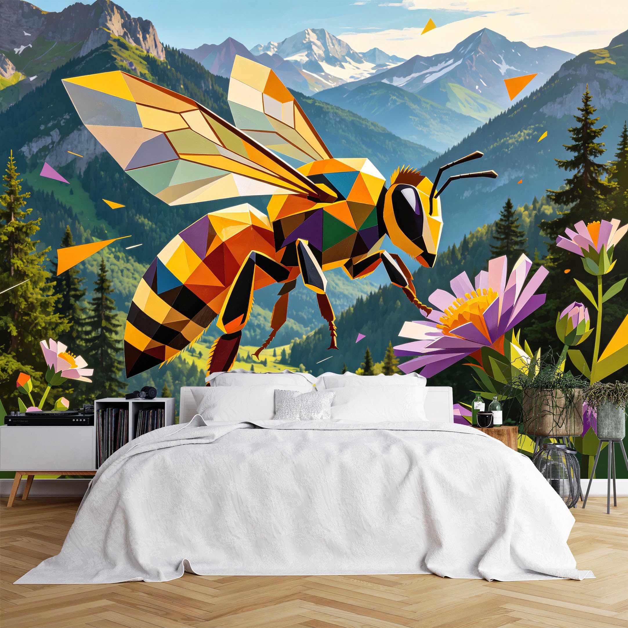 Lcythiazole Ch260615156 Custom Size Wall Murals Geometric Bee Mountain Floral Art Wall Murals Abstract Nature Wallpaper Vivid Self-Adhesive Removable Wallpaper For Office Playroom