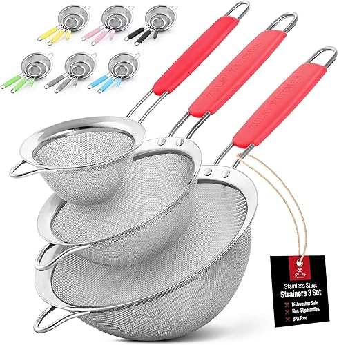 Zulay Kitchen Juego de coladores de malla fina de acero inoxidable de alta calidad, coladores para cocina (juego de 3) con asas antideslizantes,