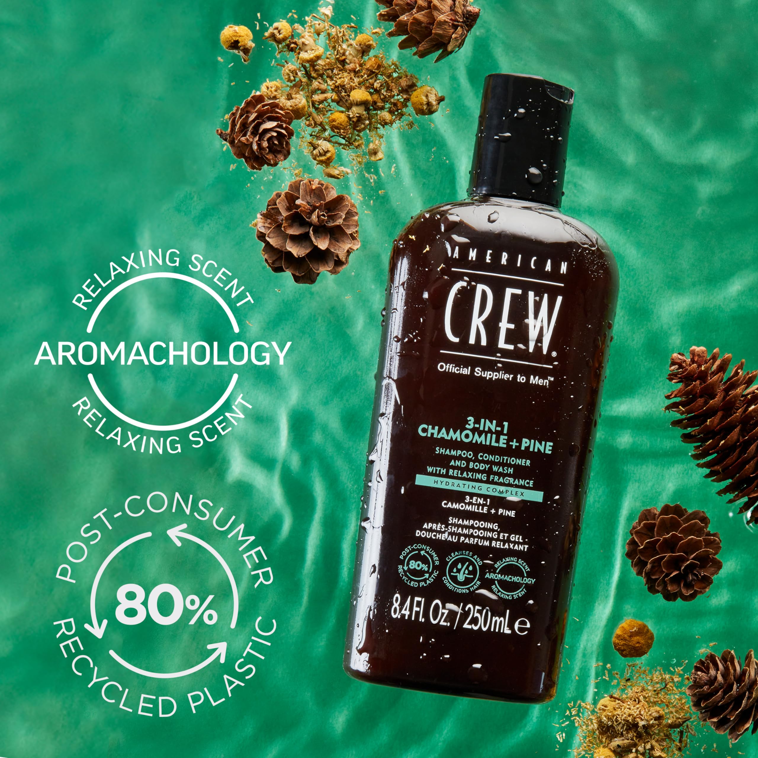 American Crew 3 en 1 Manzanilla y Pino, Champú Acondicionador y Gel de Ducha, Limpia e Hidrata el Cabello y Cuerpo, Mantiene y Repone la Barrera de Hidratación, Aroma Tranquilizante y Relajante