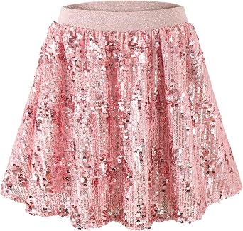 Rolanko Girls Sequin Skirt Elastic Waist Glitter Sparkly Skort with Lining Twirling Shiny Skirts for Kids Dance Party 5-12Y