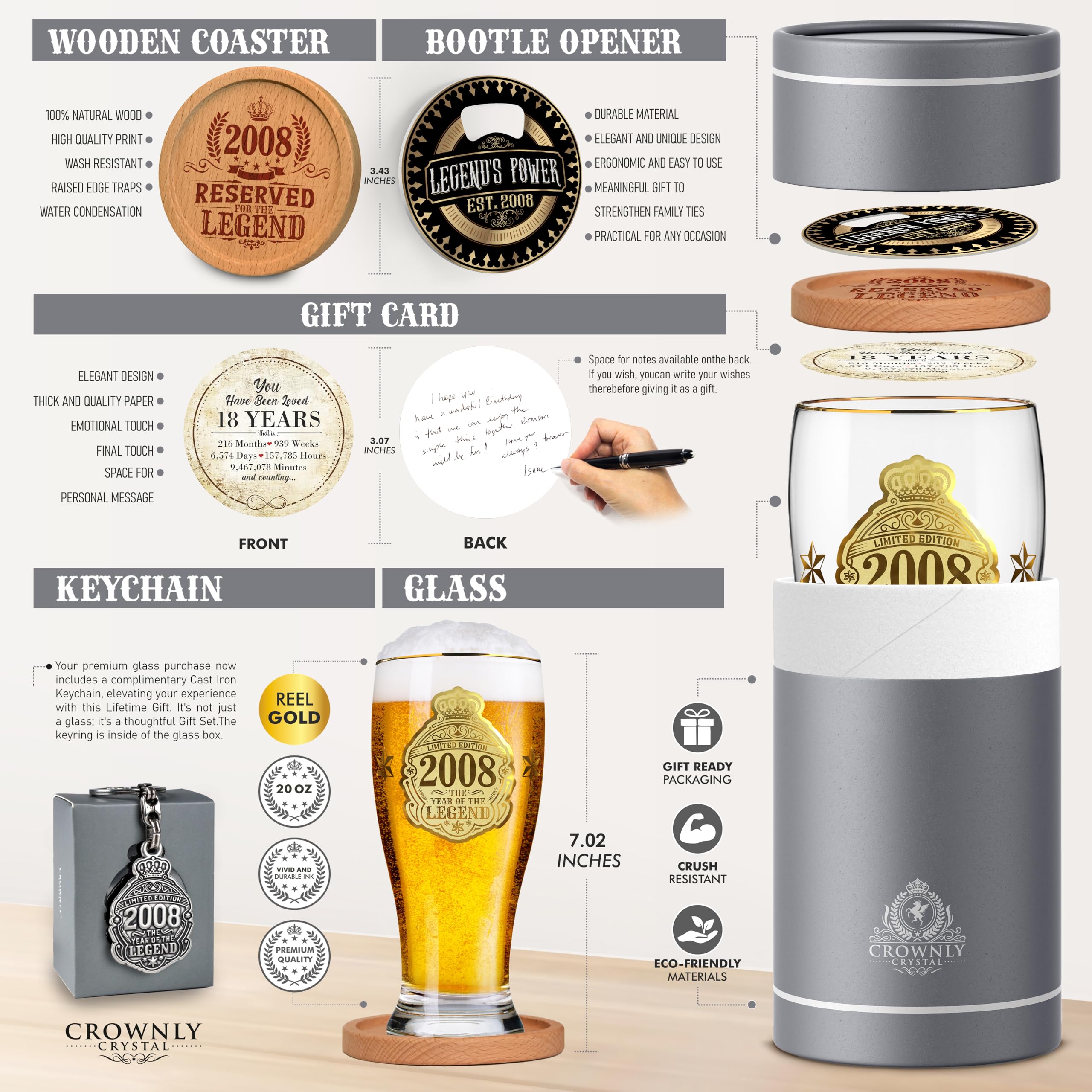 CROWNLY CRYSTAL® 2008 Regalo 18 Anni Ragazzo Bicchieri Birra 570 ml Bicchieri Personalizzati Decorazioni Compleanno 18 Biglietto Auguri 18 Anni Regalo Compleanno Uomo Regalo Amica Regalo Amico