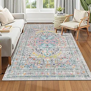 Pauwer Boho Washable Area Rug 4x6 Soft Living Room Bedroom Floor Carpet Mat Indoor Farmhouse Vintage Non Slip Accent Throw Rugs for Entryway Kitchen Dorm Dining Room