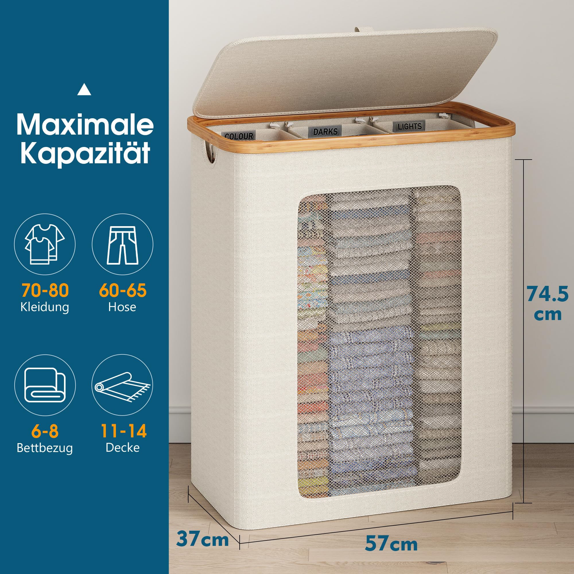 Wäschekorb 3 Fächer 160L, Wäschesammler mit Deckel, Bambusrahmen und 600D wasserdichtem Oxford Stoff, mit 3 herausnehmbaren Innentaschen für Schlafzimmer und Badezimmer, Beige