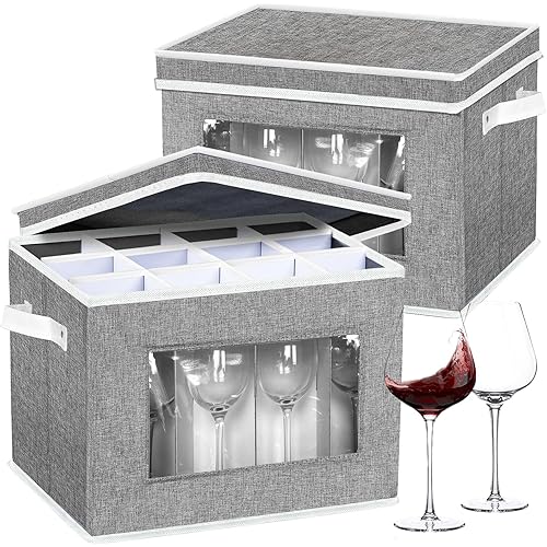 homyfort 2 Pack Stemware Storage Cases, Wine Glass Storage Box with Dividers, China Crystal Glass Storage Containers Organizer for 24 Glassware Moving and Protection (Grey)