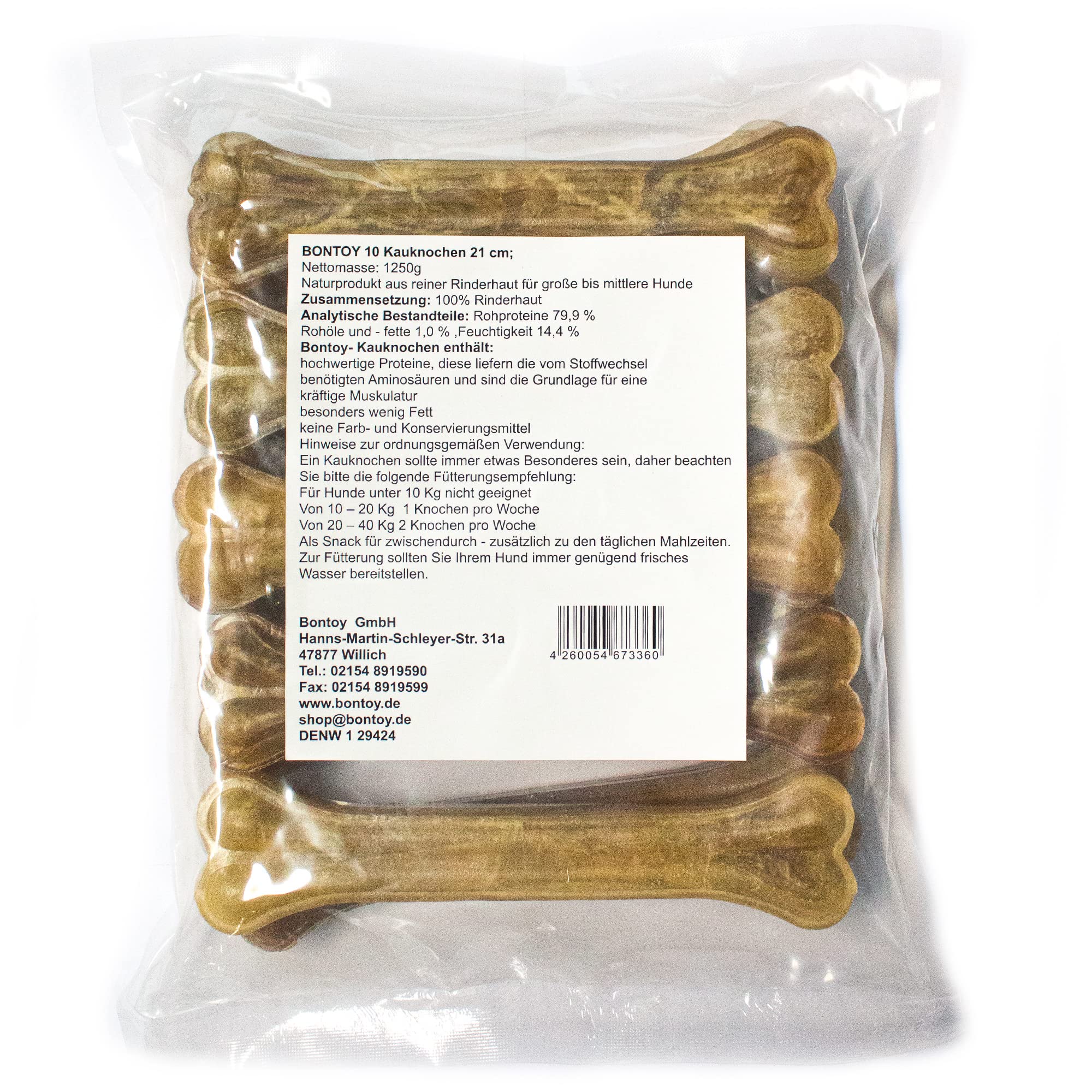 Bontoy Hundekauknochen I 10 Stück x 21 cm I Naturprodukt aus Reiner Rinderhaut I proteinreich und gut für die Kaumuskulatur ihres Hundes I Leckerli I Belohnung für den Hund