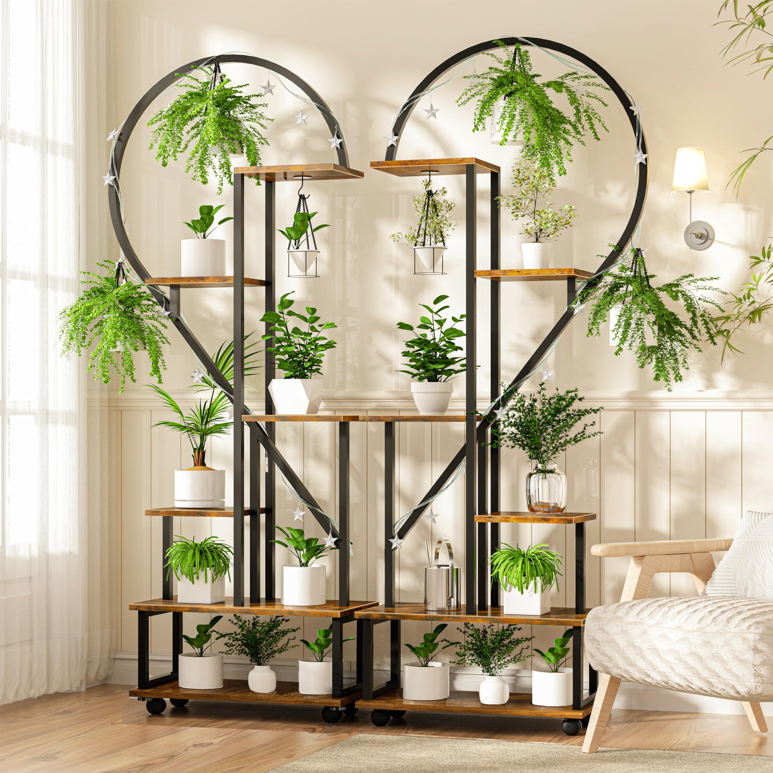 HSSZXFR 6 Tier Plant Stand Heart Shaped Plant Holder with Wheels Large Ladder Plant Stands for Indoor Plants Multiple Planter Display Indoor Plant Shelf Rack for Patio, Home Decor, Balcony, 2 Pack